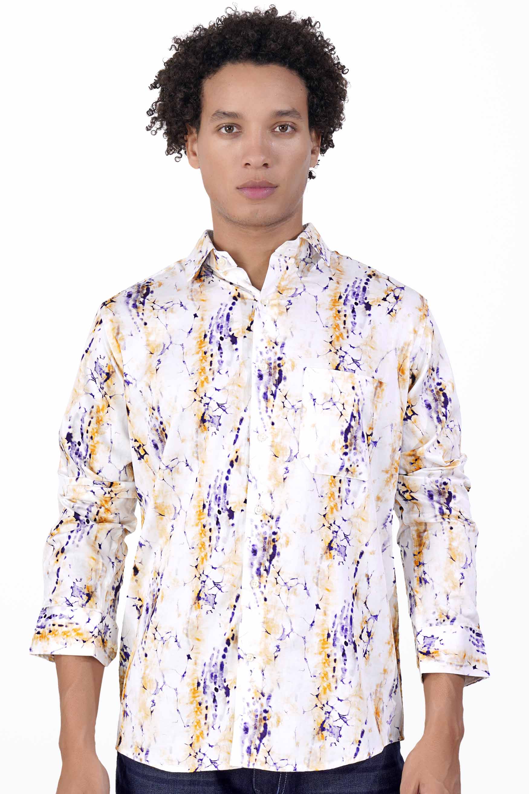 Bright White with Dijon Brown and Minsk Blue Printed Super Soft Premium Cotton Shirt