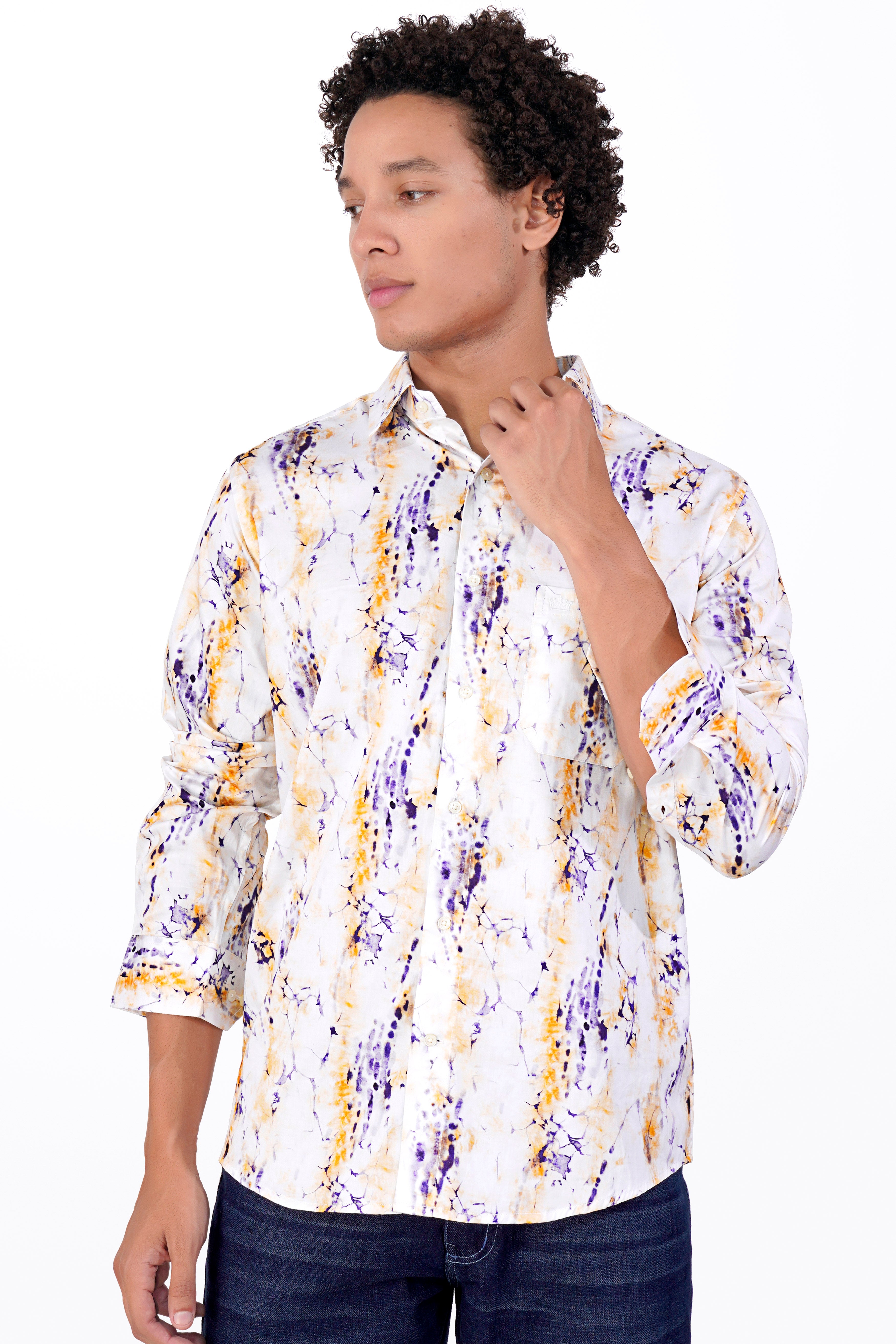 Bright White with Dijon Brown and Minsk Blue Printed Super Soft Premium Cotton Shirt