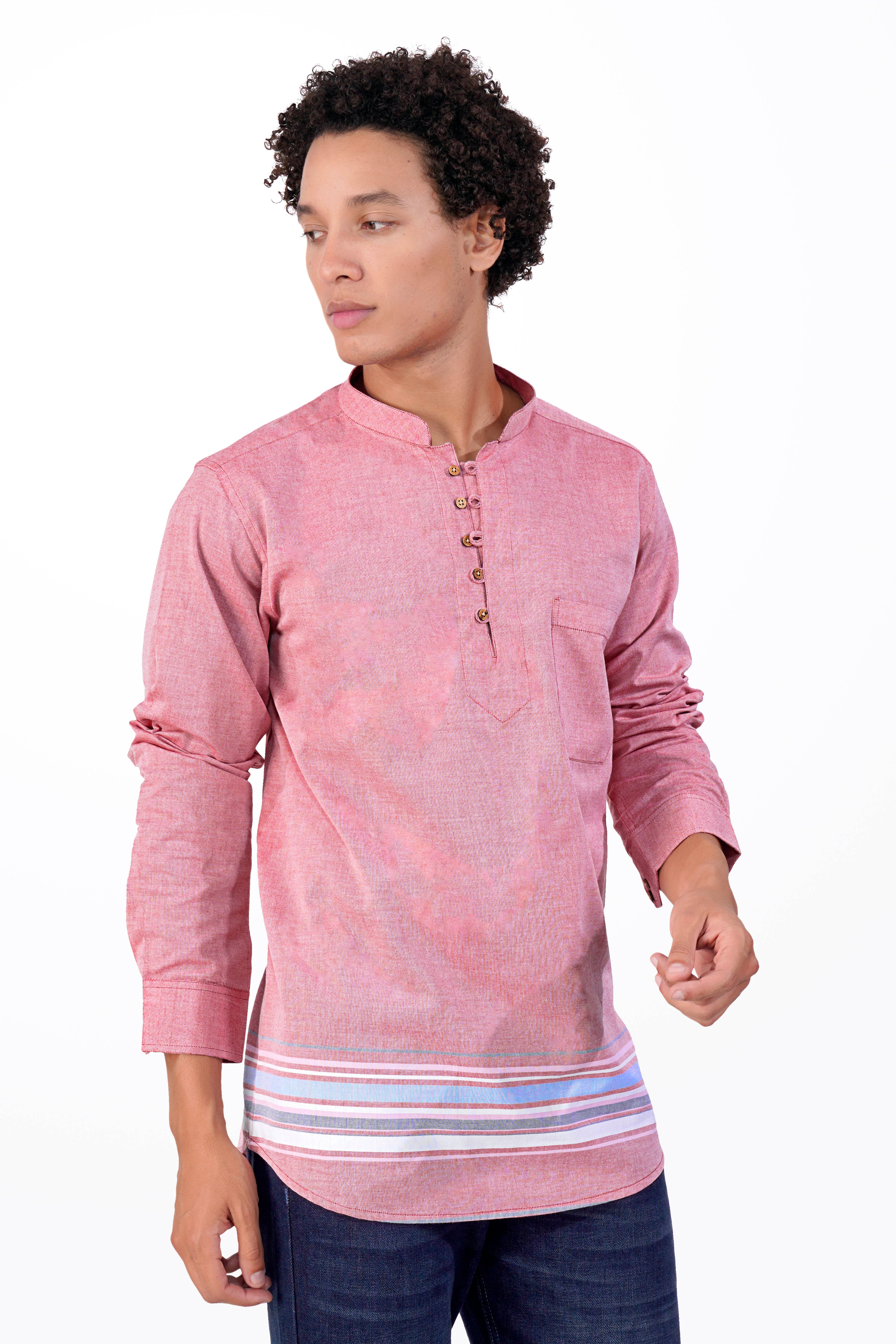 Thulian Pink Multicolour Striped Royal Oxford Kurta Shirt