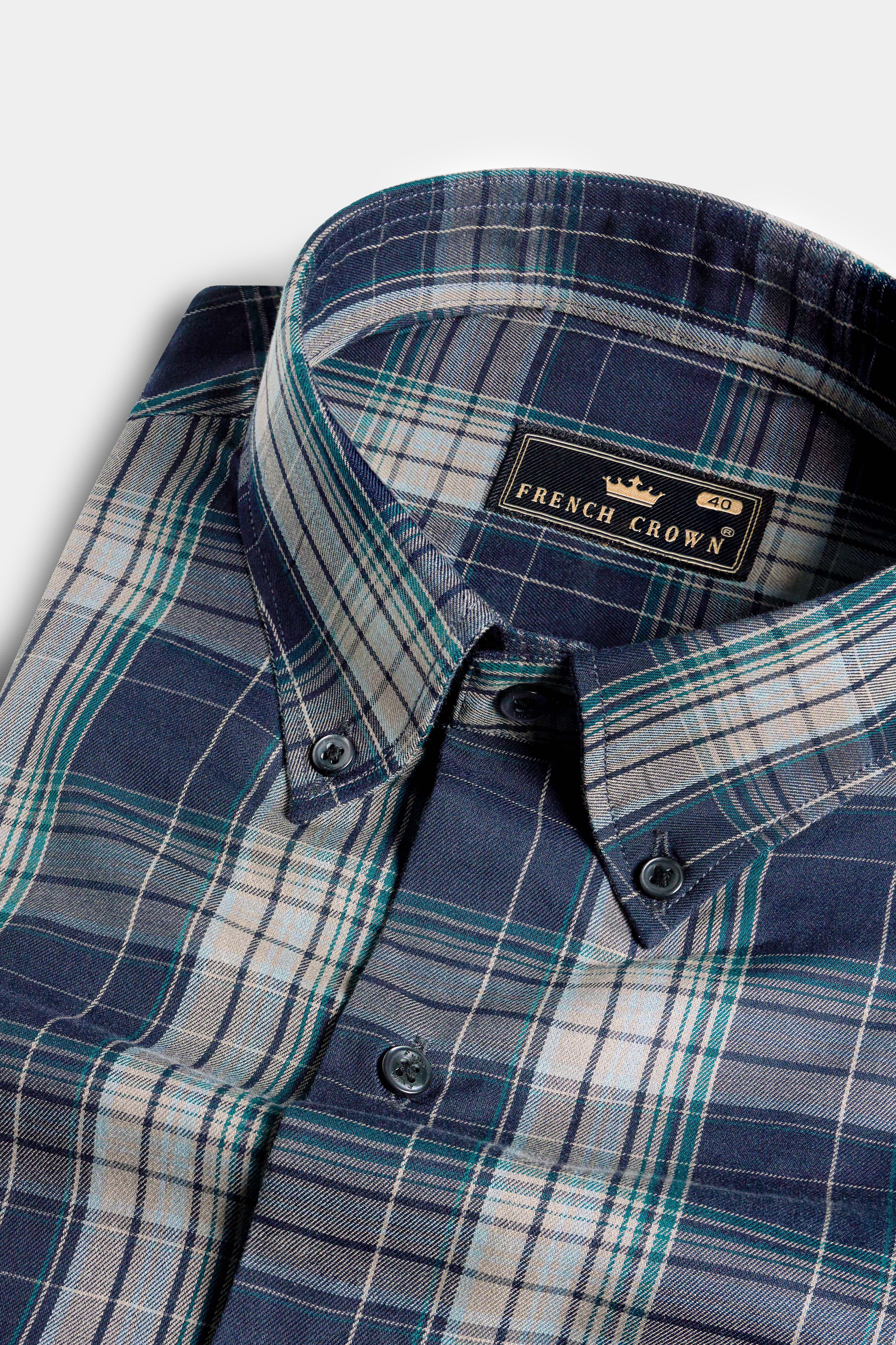 Ebony Clay Blue and Jour Cream Green Twill Plaid Premium Cotton Shirt