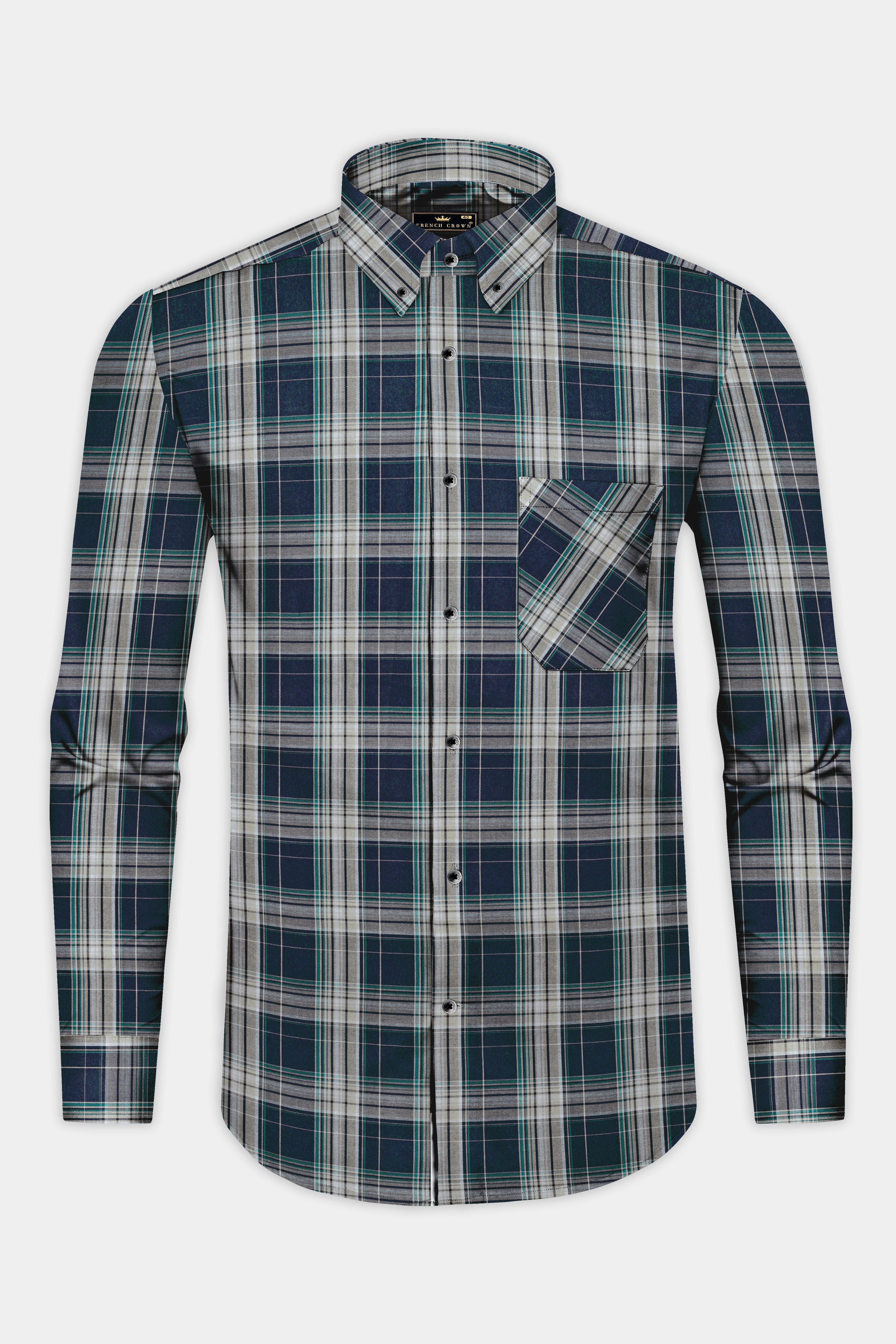 Ebony Clay Blue and Jour Cream Green Twill Plaid Premium Cotton Shirt