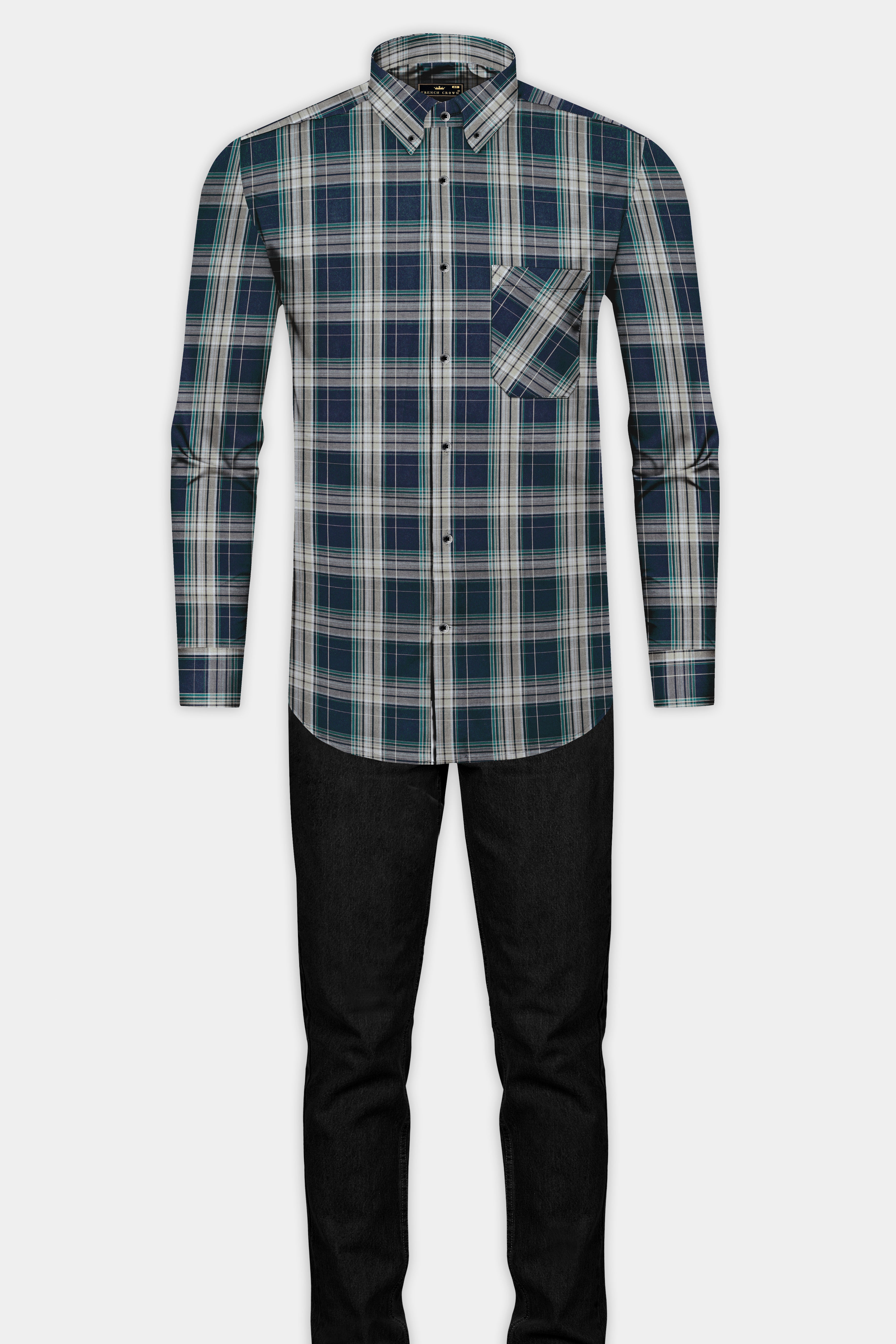 Ebony Clay Blue and Jour Cream Green Twill Plaid Premium Cotton Shirt