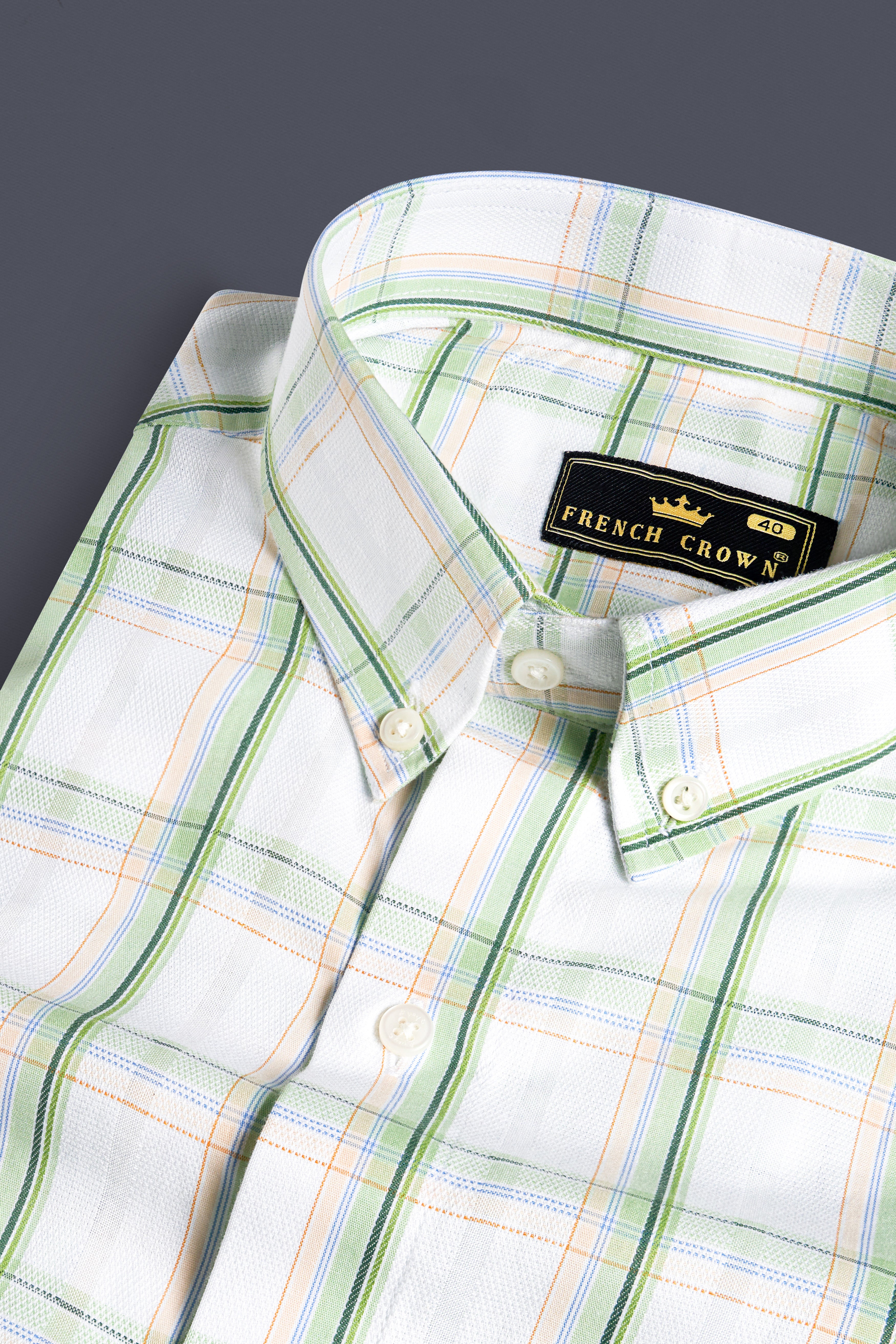 Bright White and Patina Green Plaid Dobby Textured Premium Giza Cotton Shirt