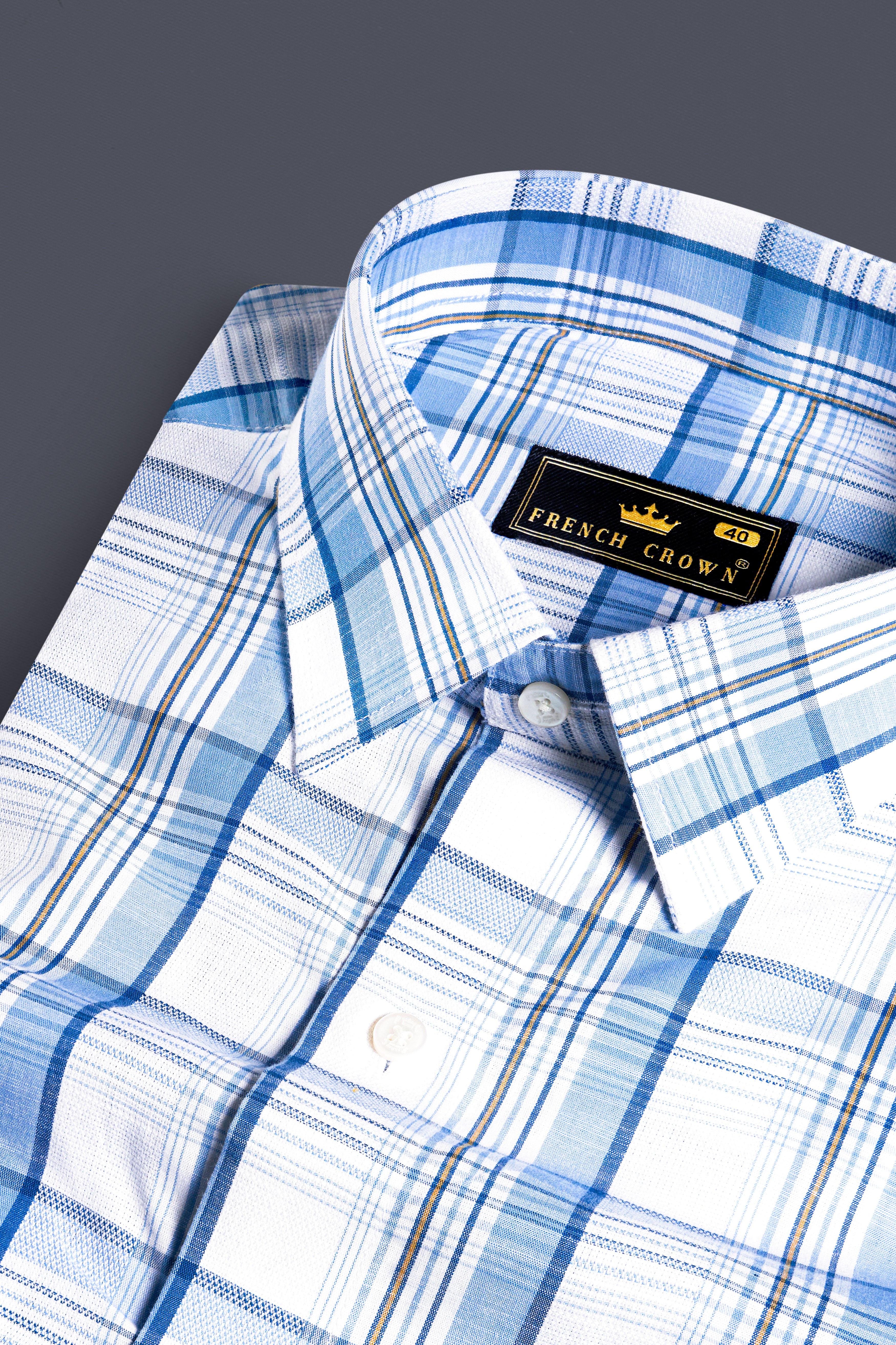 Bright White and Cerulean Blue Plaid Dobby Textured Premium Giza Cotton Shirt