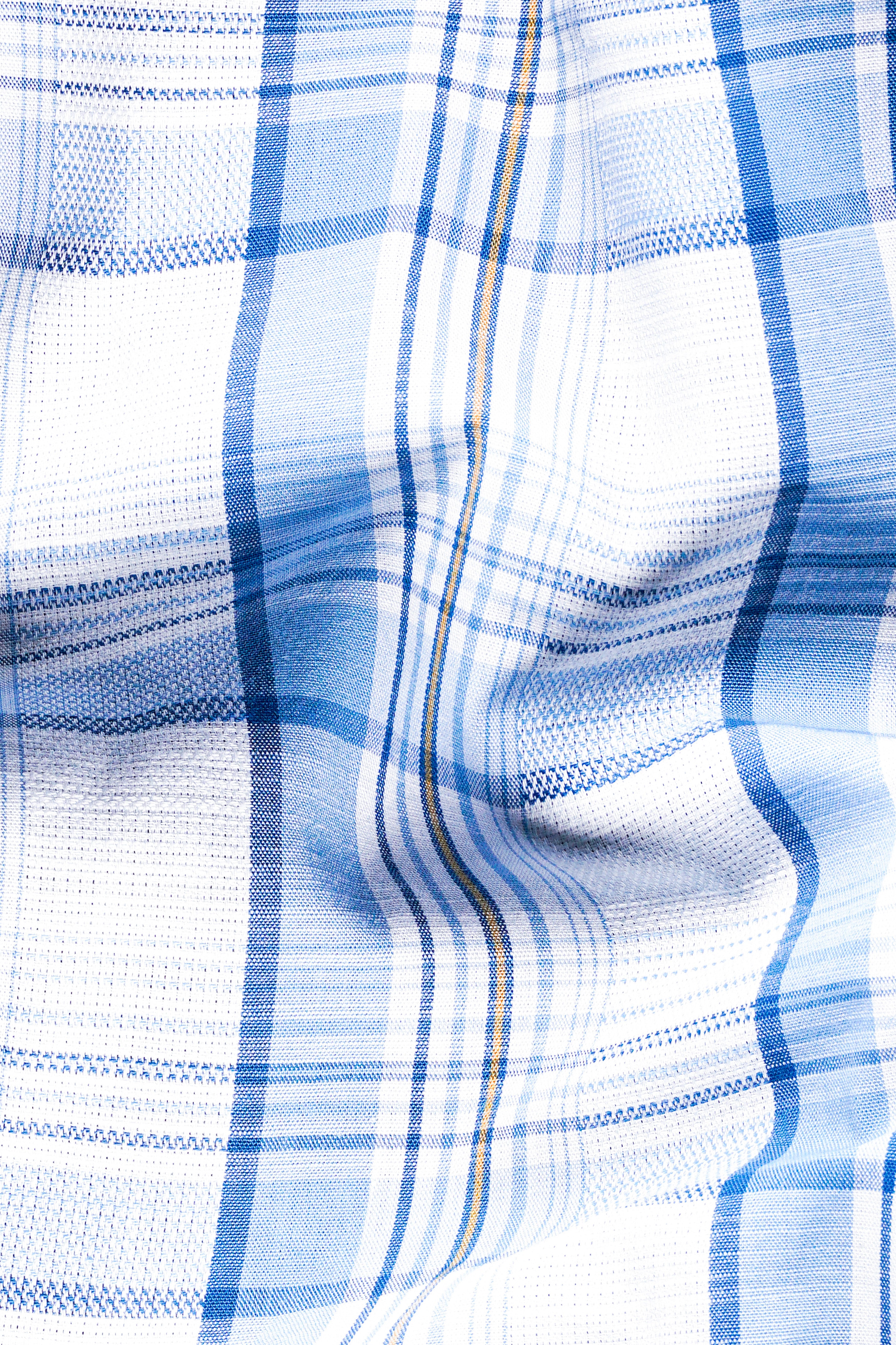 Bright White and Cerulean Blue Plaid Dobby Textured Premium Giza Cotton Shirt