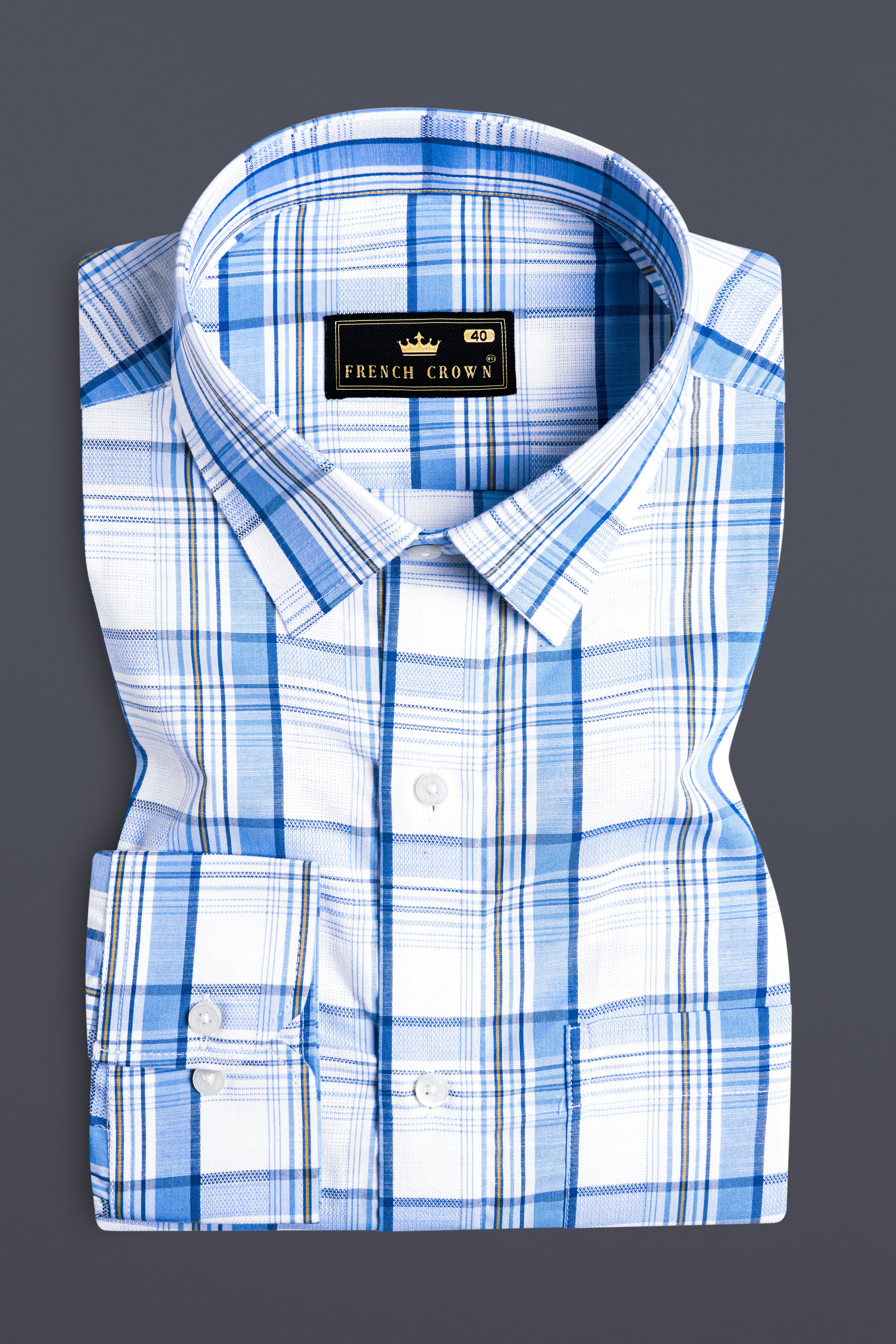 Bright White and Cerulean Blue Plaid Dobby Textured Premium Giza Cotton Shirt