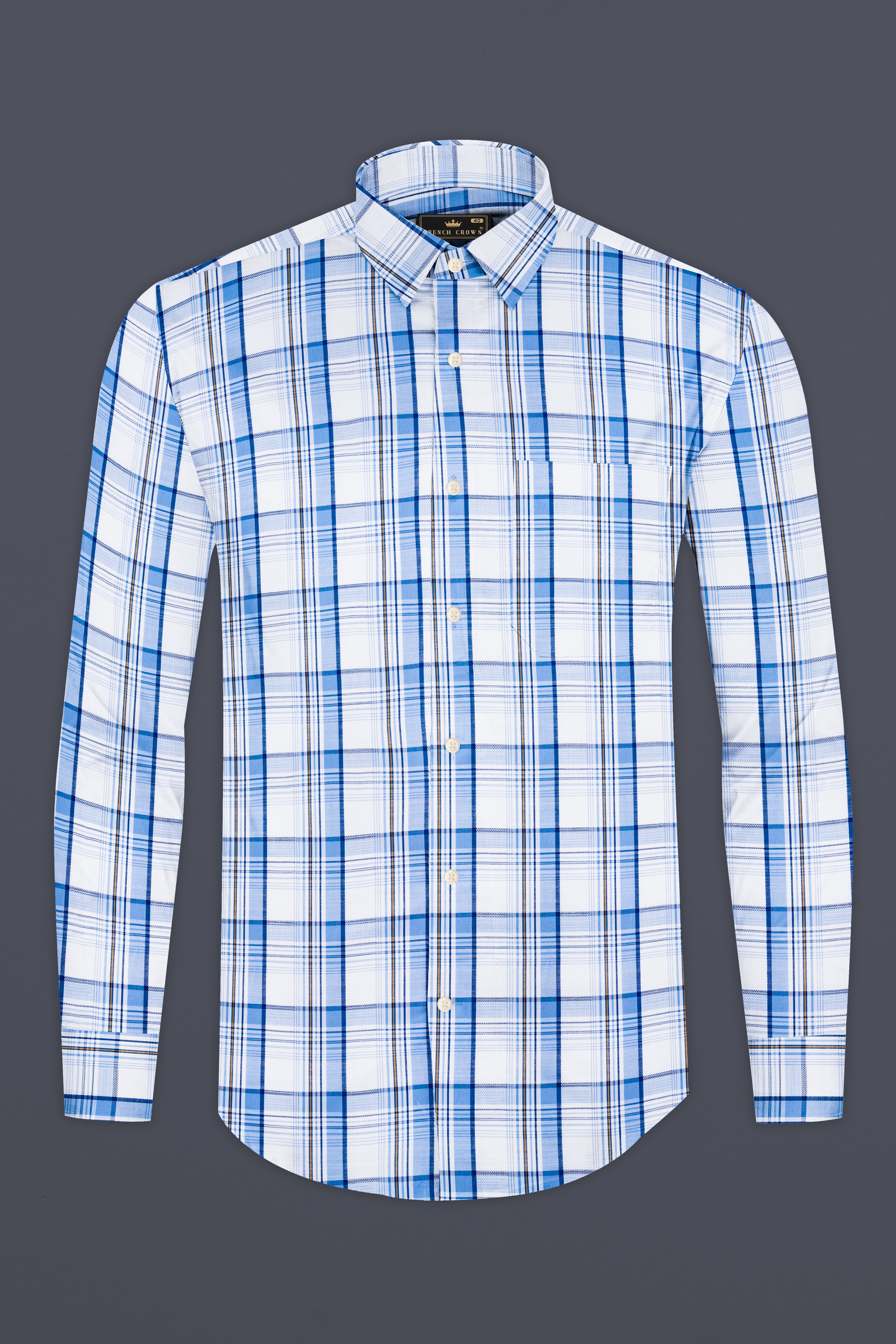 Bright White and Cerulean Blue Plaid Dobby Textured Premium Giza Cotton Shirt