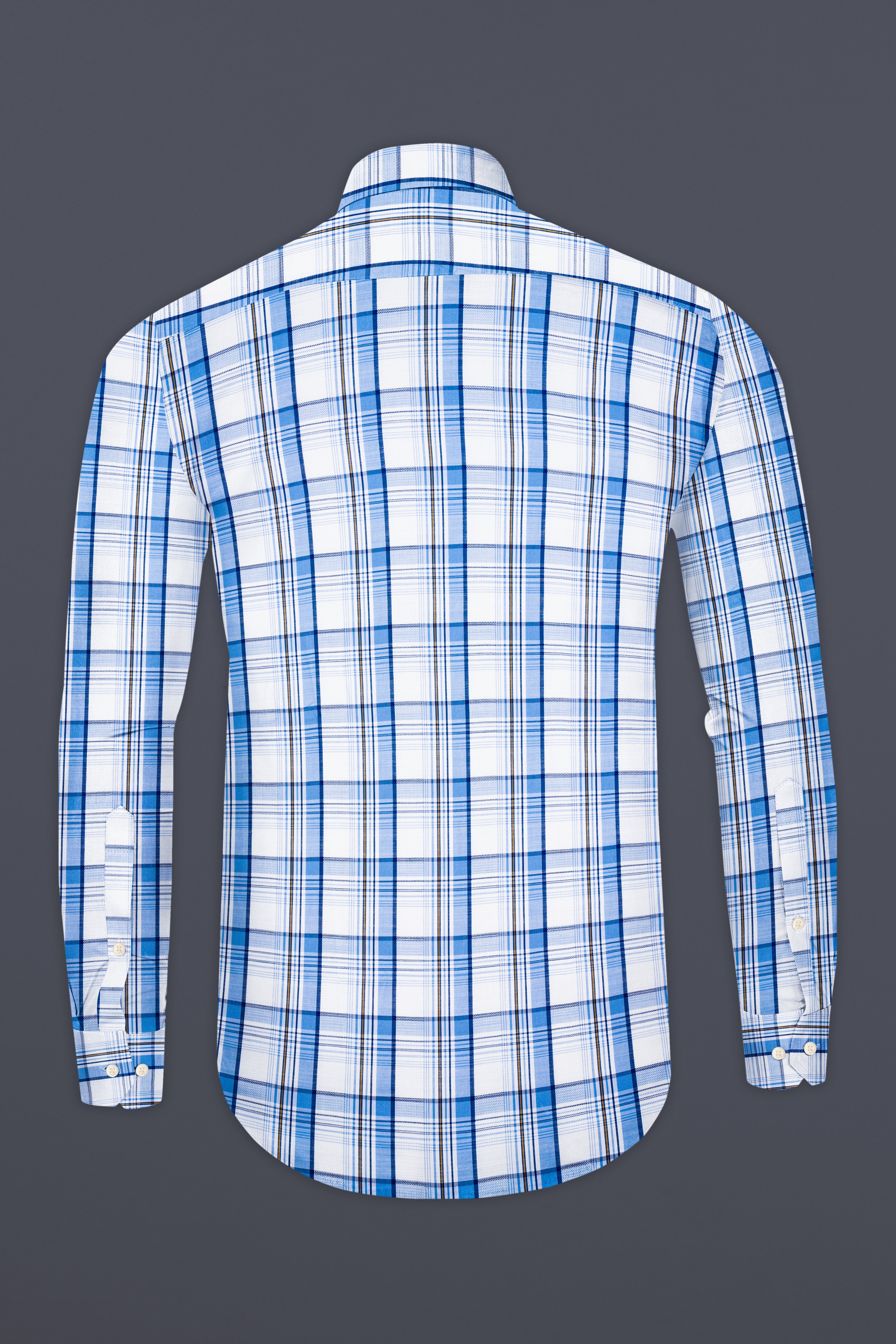 Bright White and Cerulean Blue Plaid Dobby Textured Premium Giza Cotton Shirt