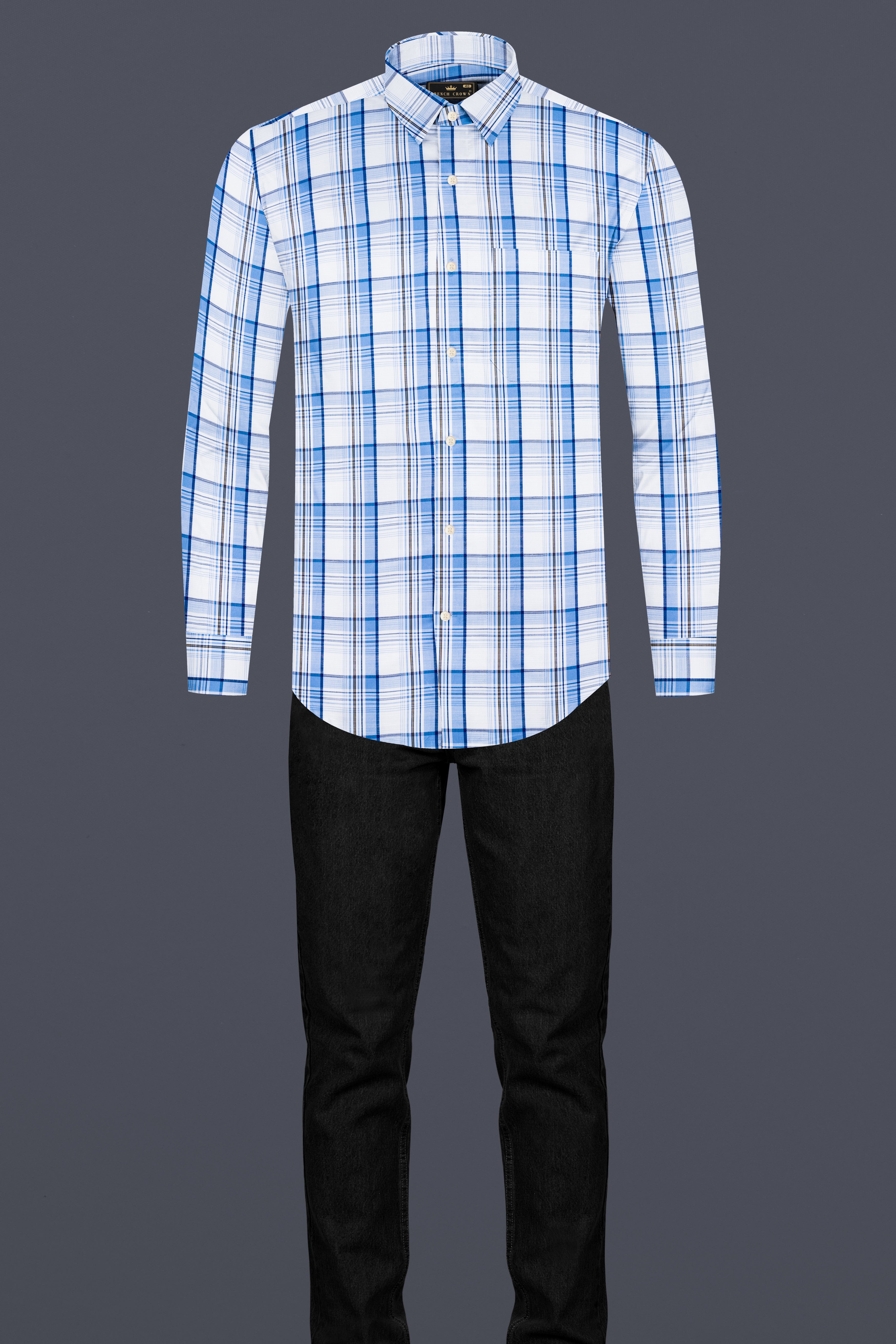 Bright White and Cerulean Blue Plaid Dobby Textured Premium Giza Cotton Shirt