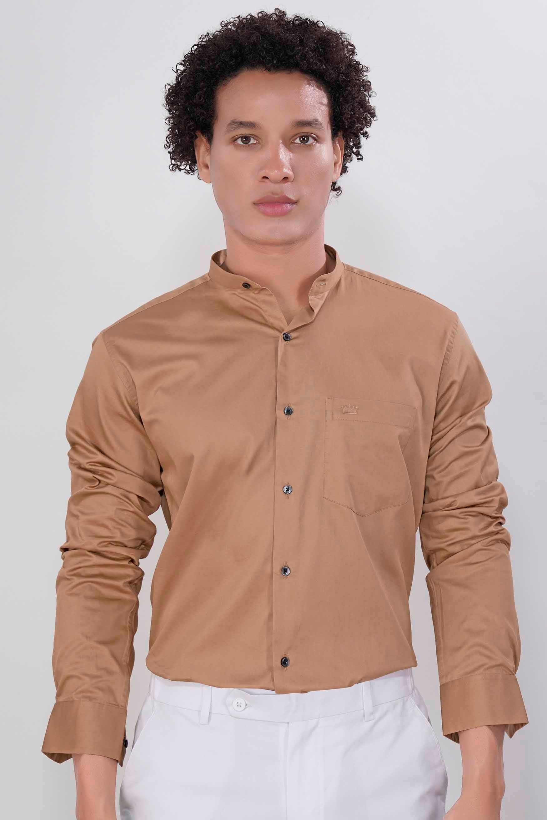 Mocha Brown Subtle Sheen Super Soft Premium Cotton Mandarin Shirt