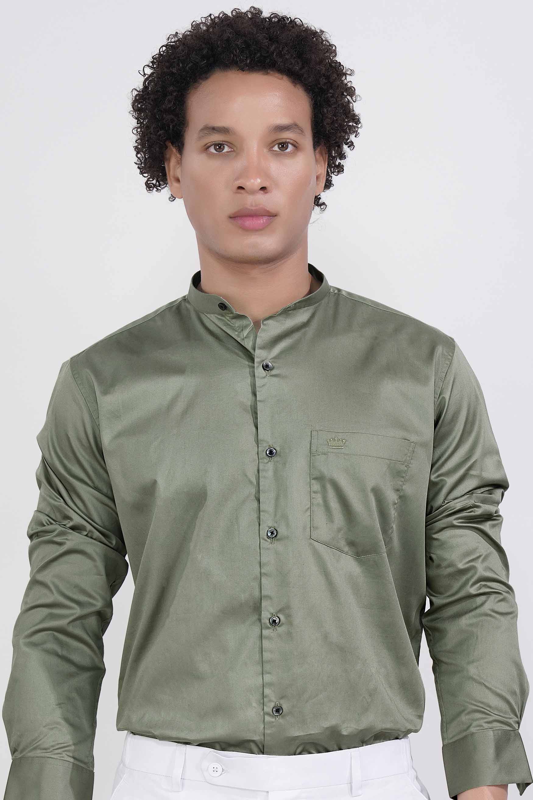 Greenish Subtle Sheen Super Soft Premium Cotton Mandarin Shirt