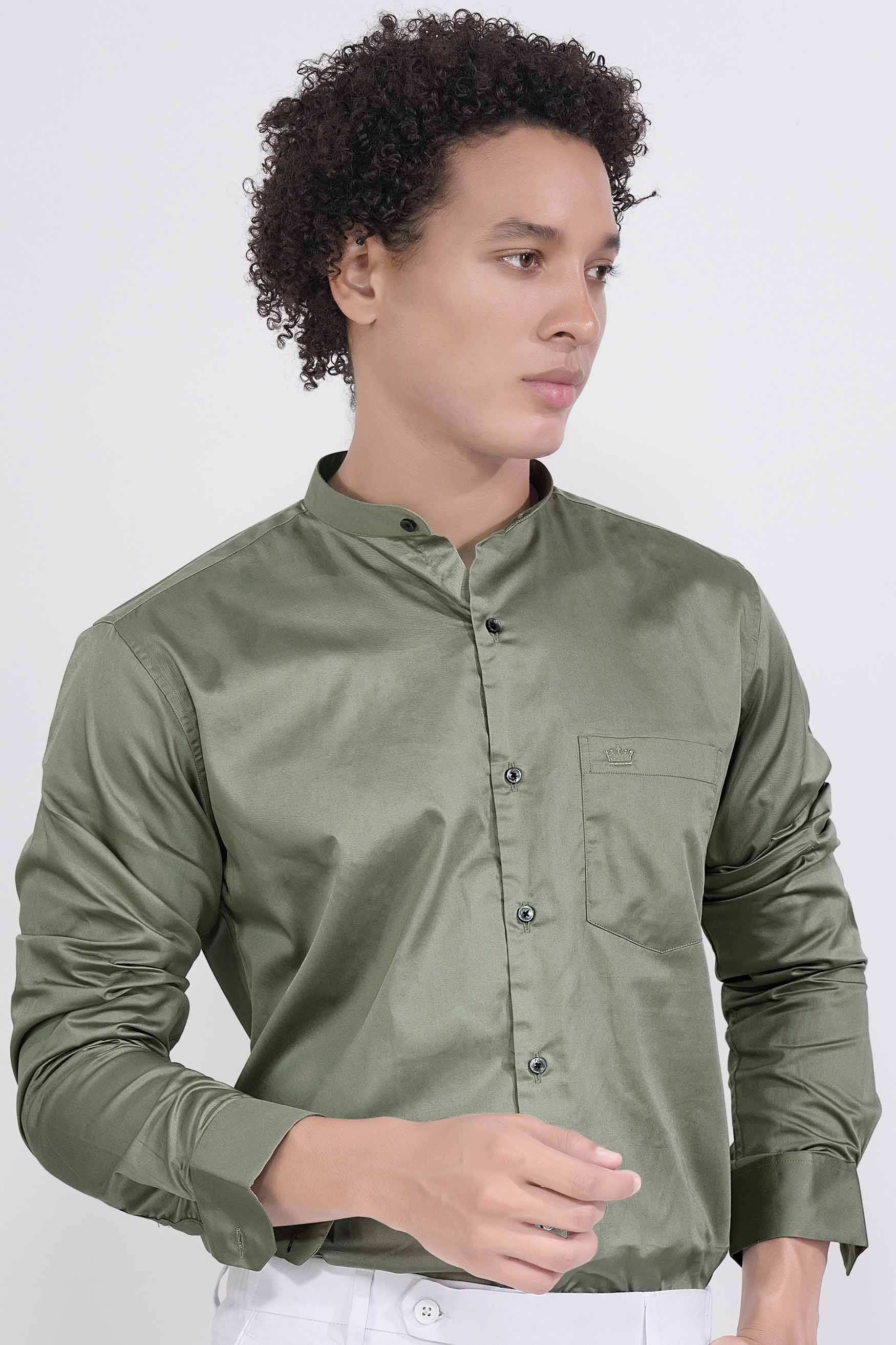 Greenish Subtle Sheen Super Soft Premium Cotton Mandarin Shirt
