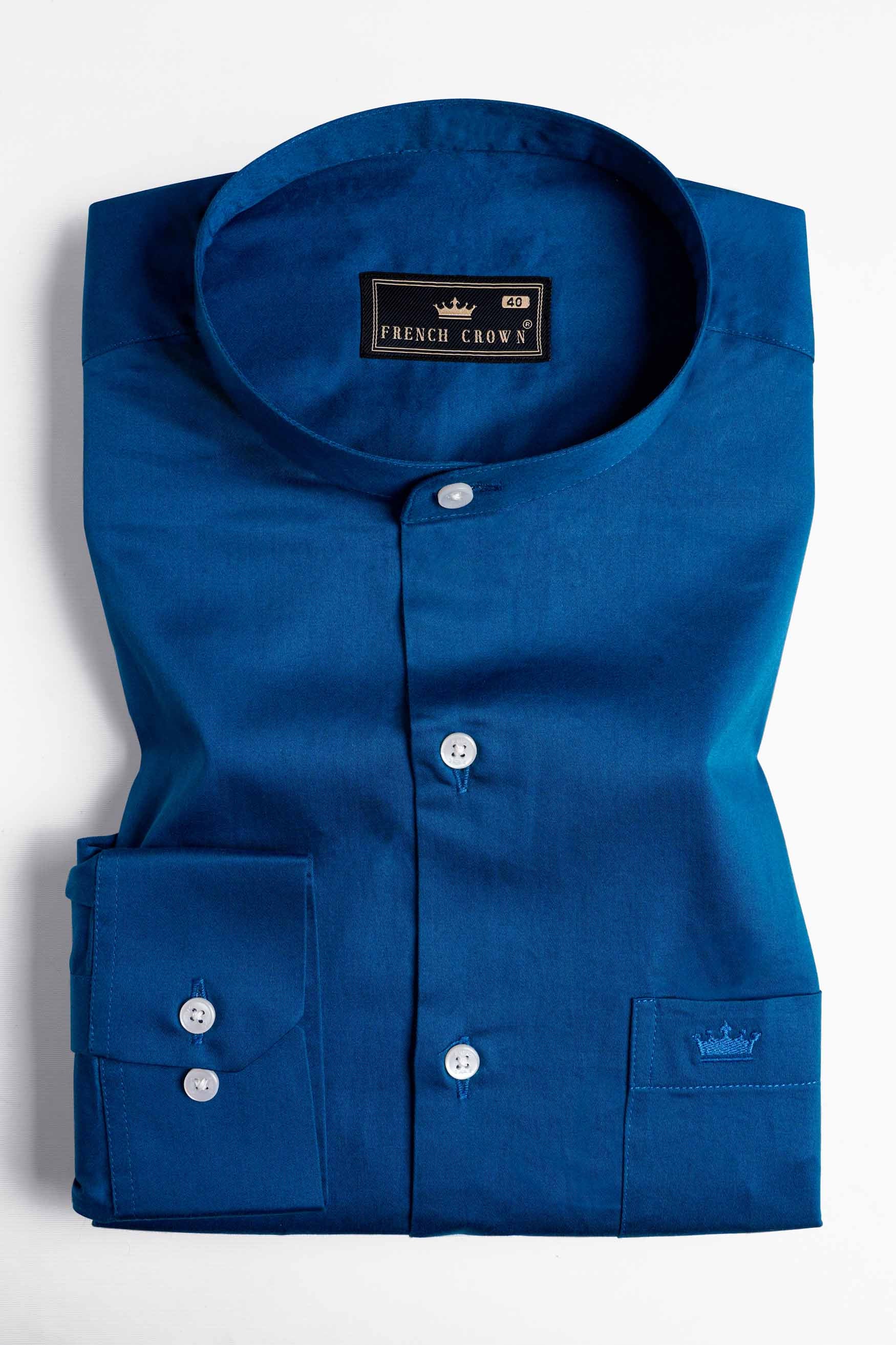 Astronaut Blue Subtle Sheen Super Soft Premium Cotton Mandarin Shirt