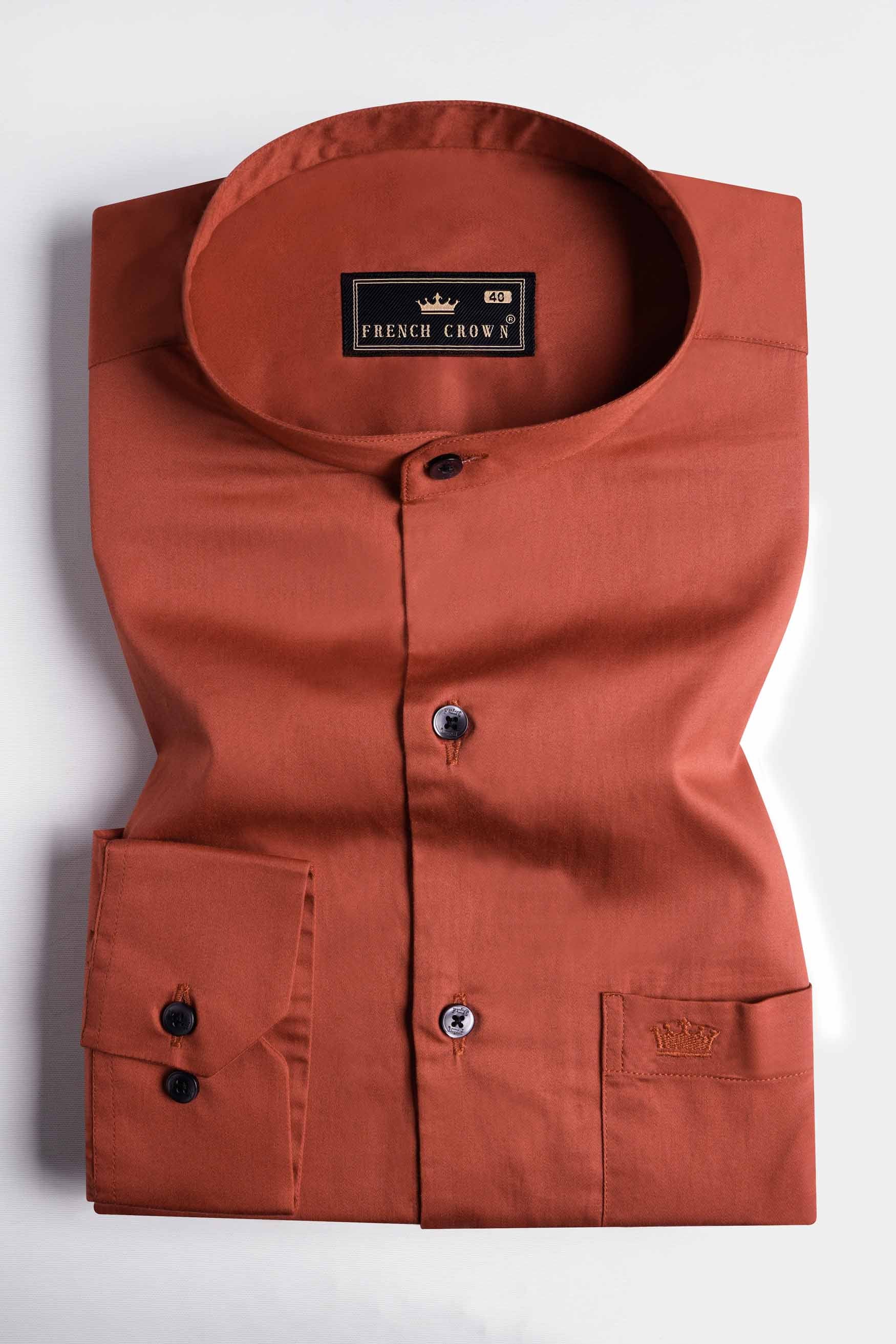 Deep Chestnut Orange Subtle Sheen Super Soft Premium Cotton Mandarin Shirt