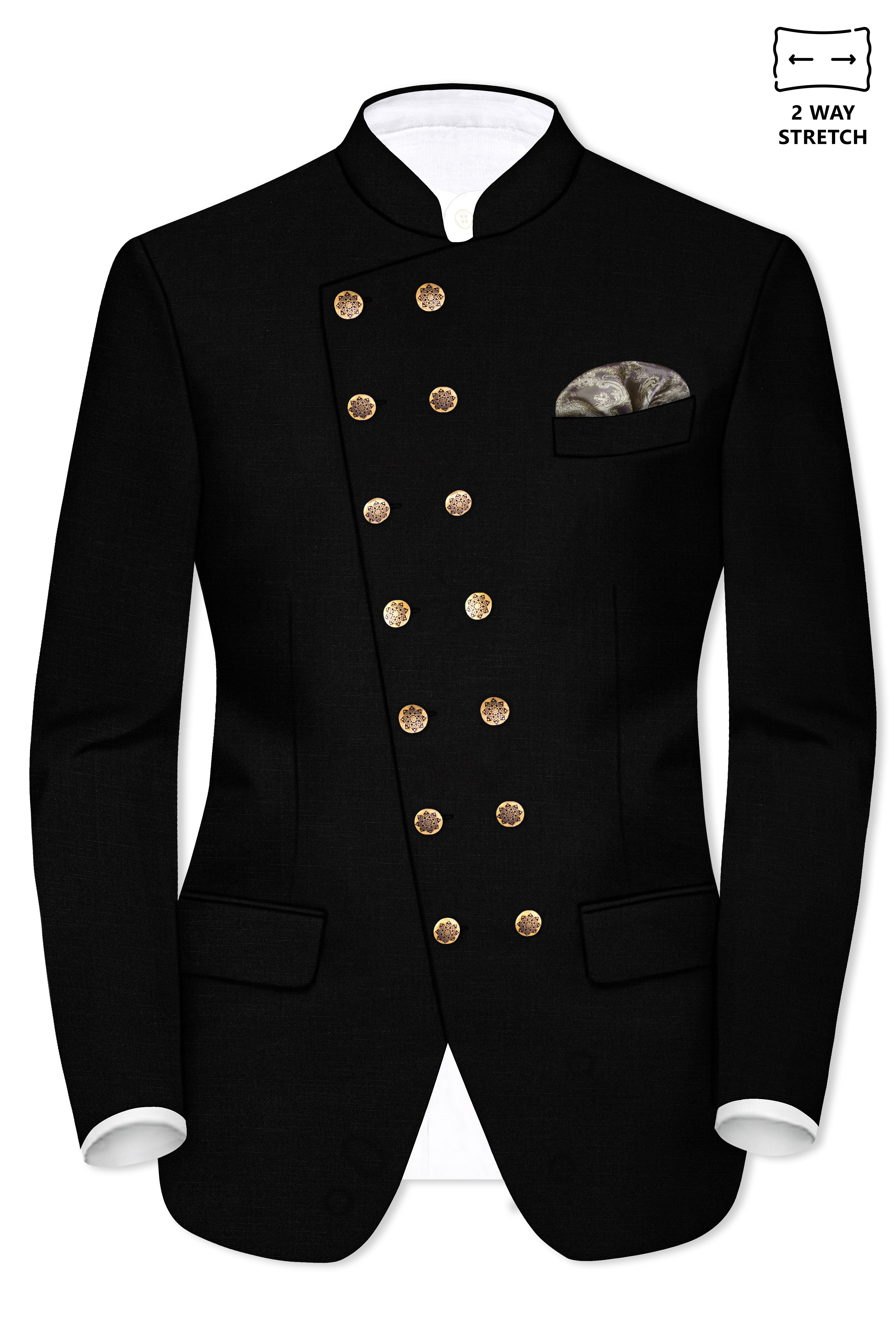 Jade Black Stretchable Subtle Sheen Cross Placket  Double Closure Bandhgala/Mandarin Suit