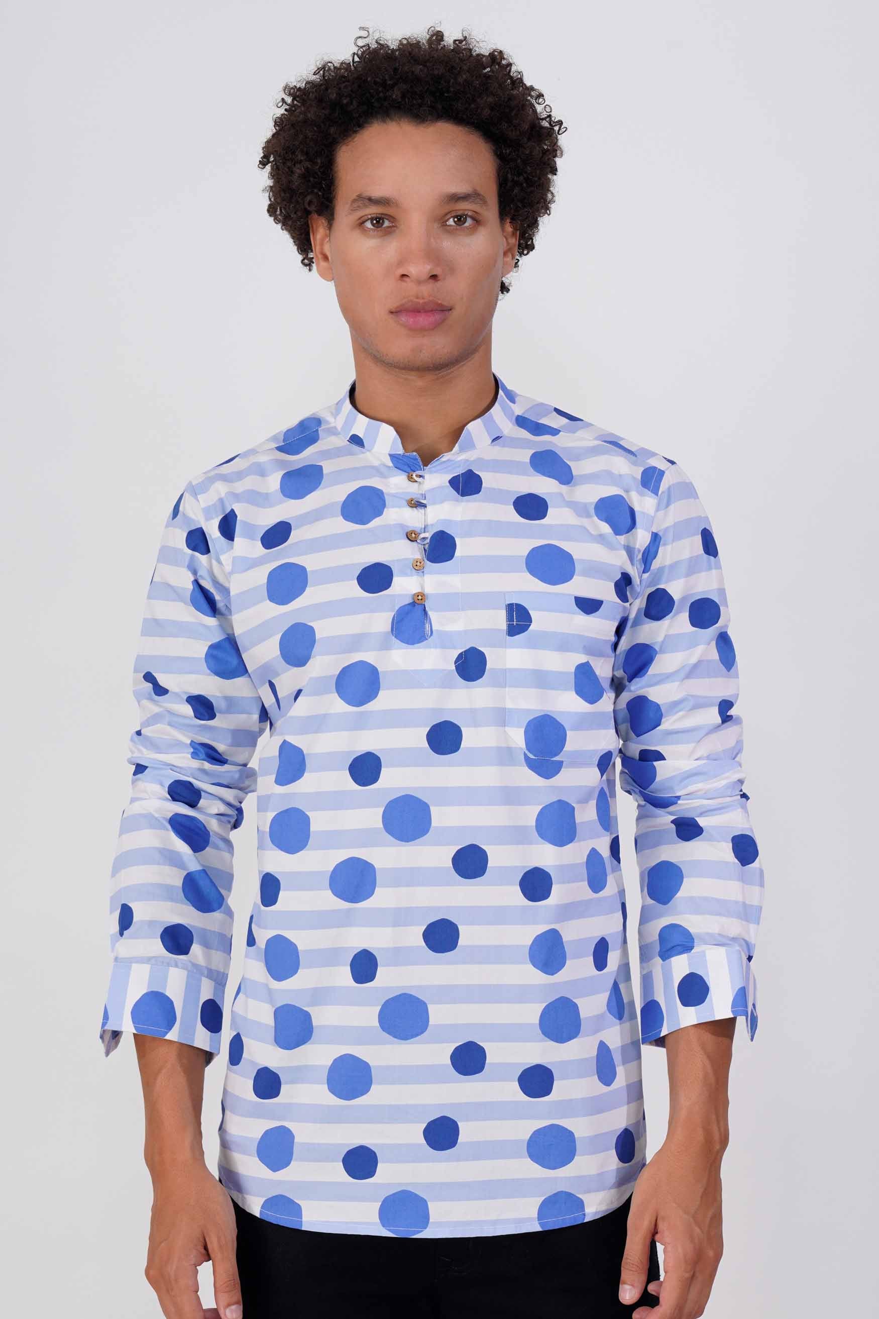 Bright White with Cerulean Blue Striped and Polka Dotted Premium Cotton Kurta Shirt