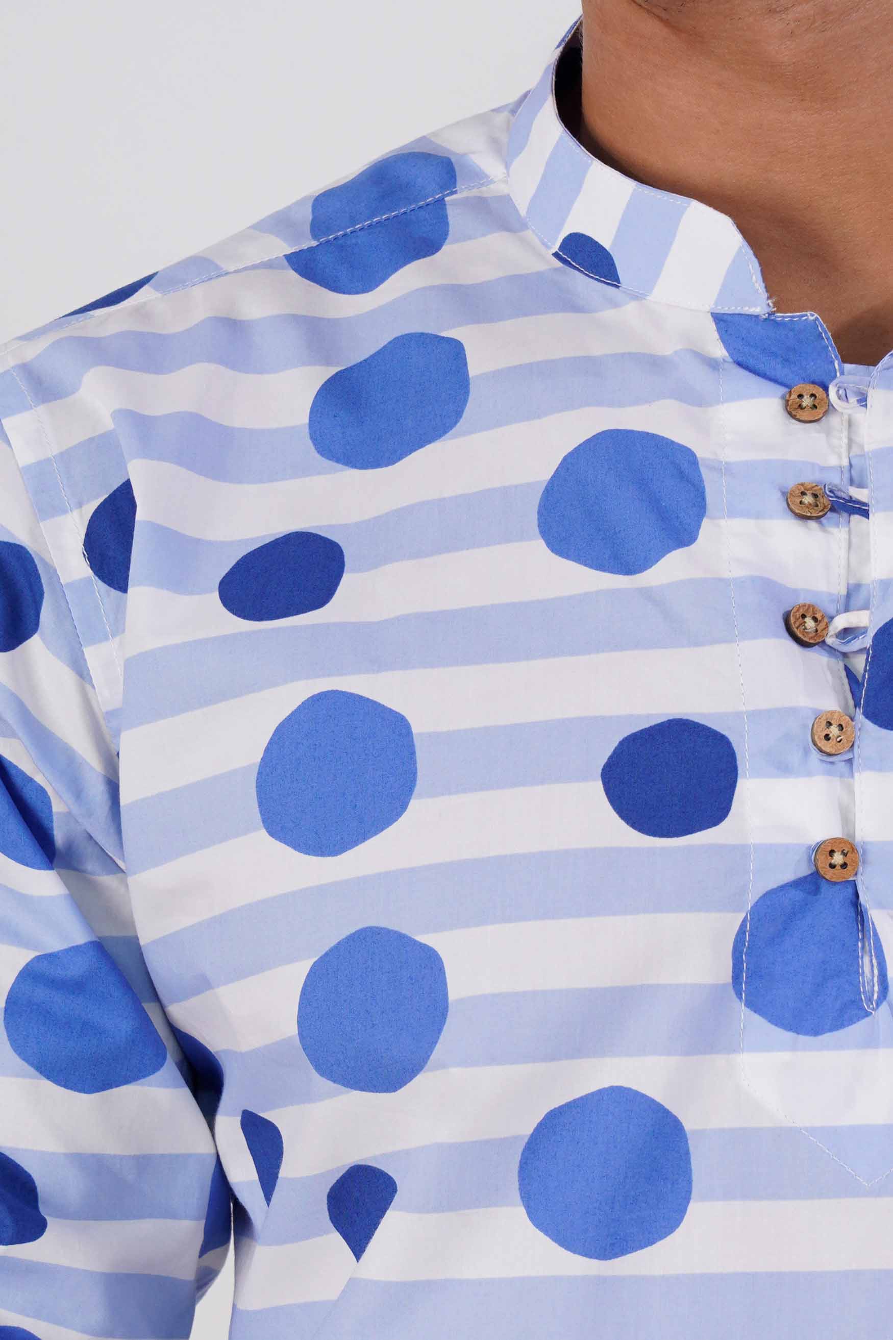 Bright White with Cerulean Blue Striped and Polka Dotted Premium Cotton Kurta Shirt