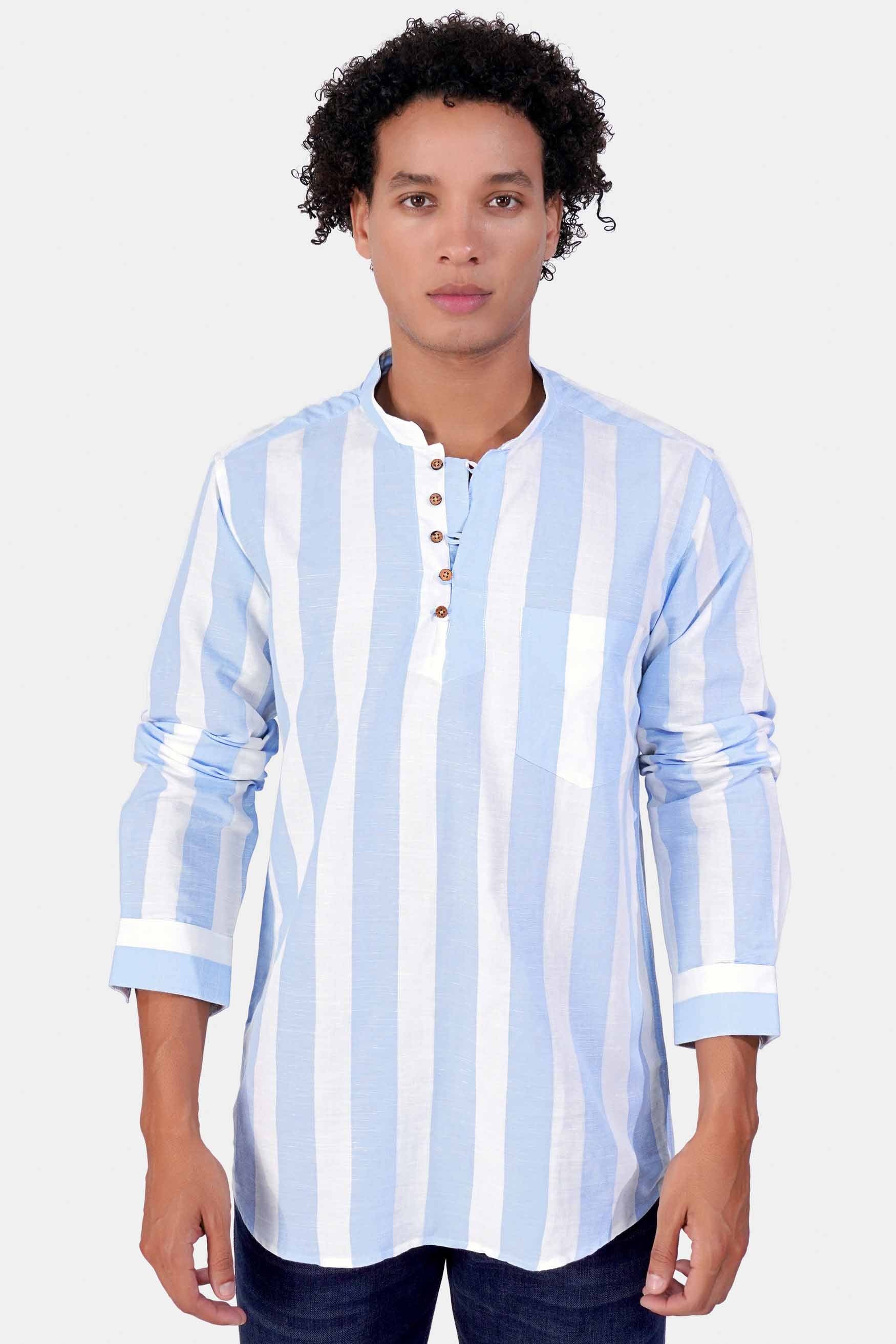 Bright White and Periwinkle Blue Striped Luxurious Linen Kurta Shirt