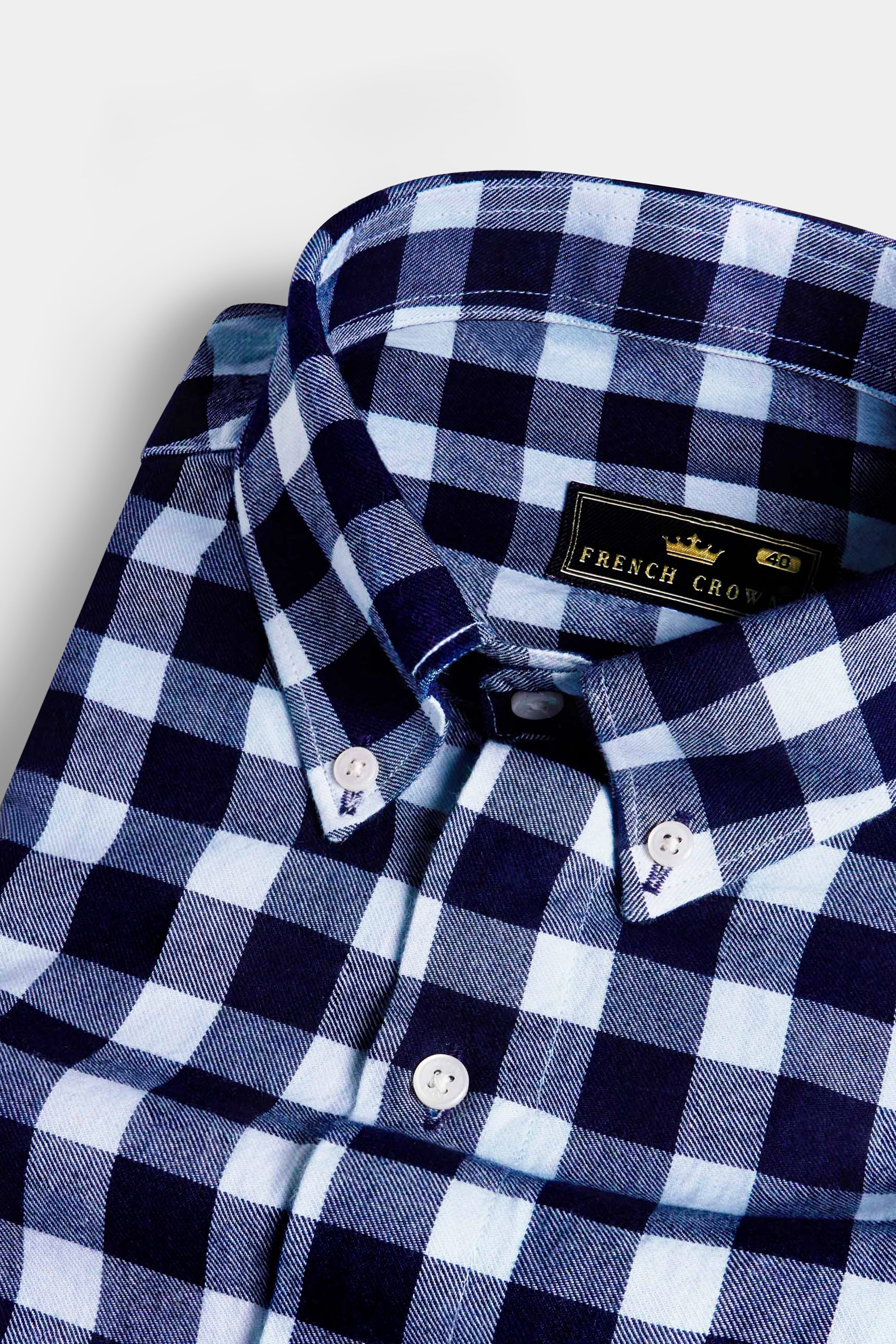 Cinder and Platinum Blue Gingham Checkered Flannel Button Down Shirt