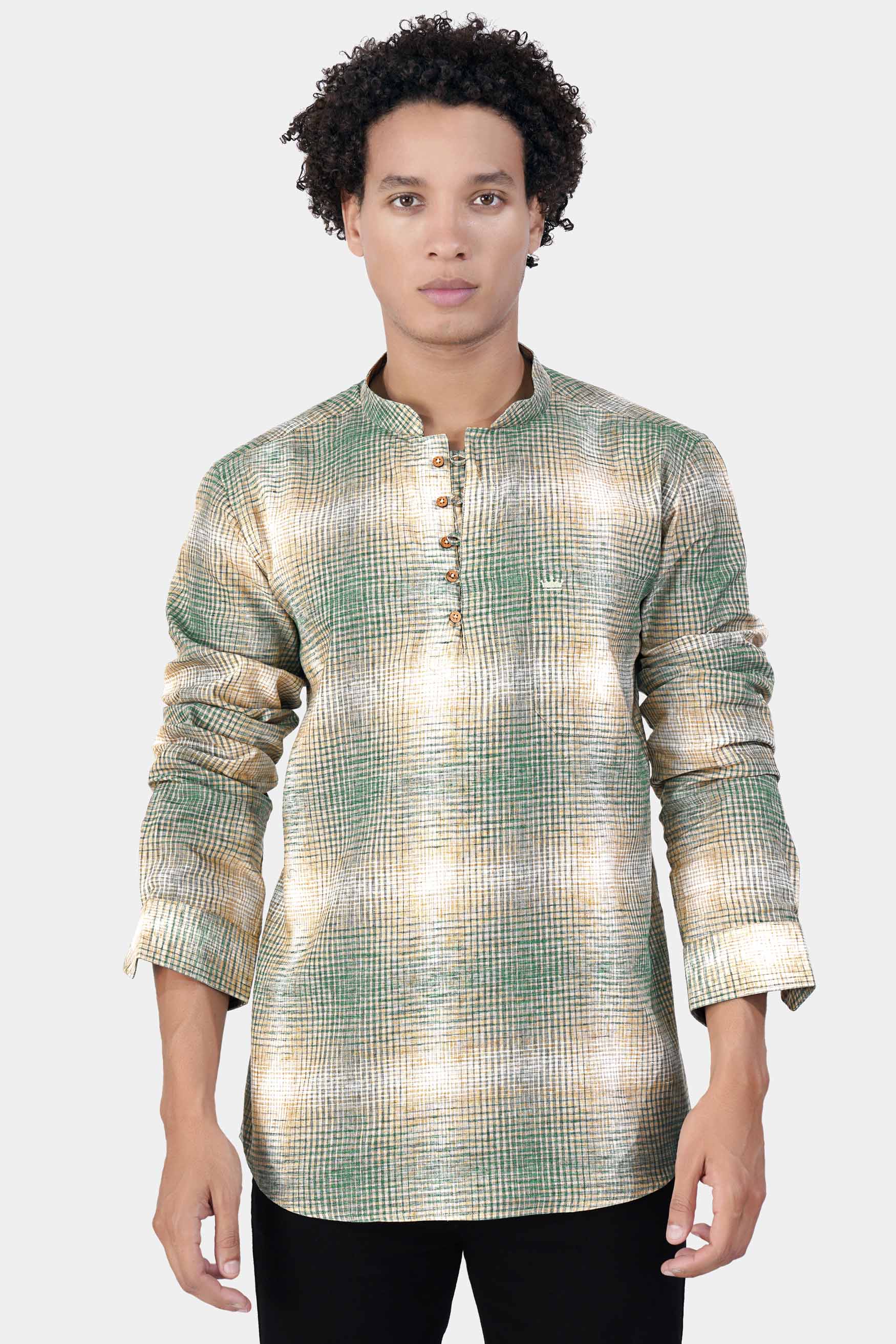 Viridian Green with White and Tahuna Brown Luxurious Linen Kurta Shirt