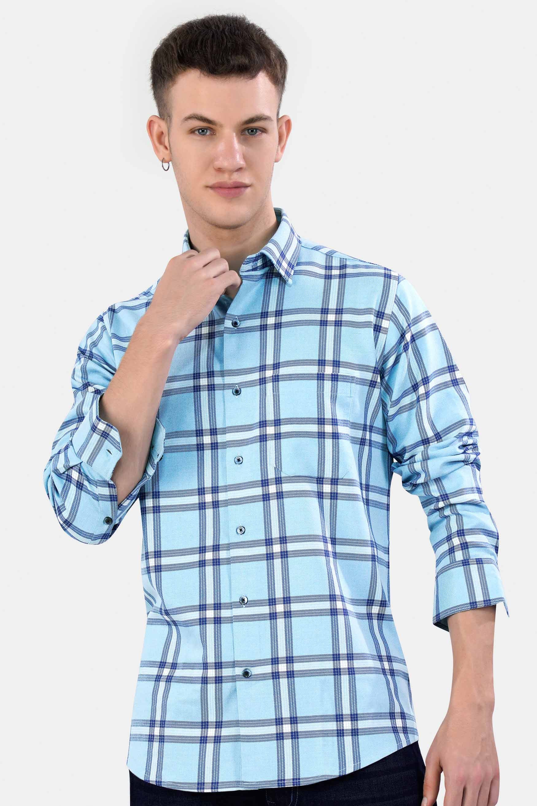 Carolina Blue Twill Plaid Premium Cotton Shirt