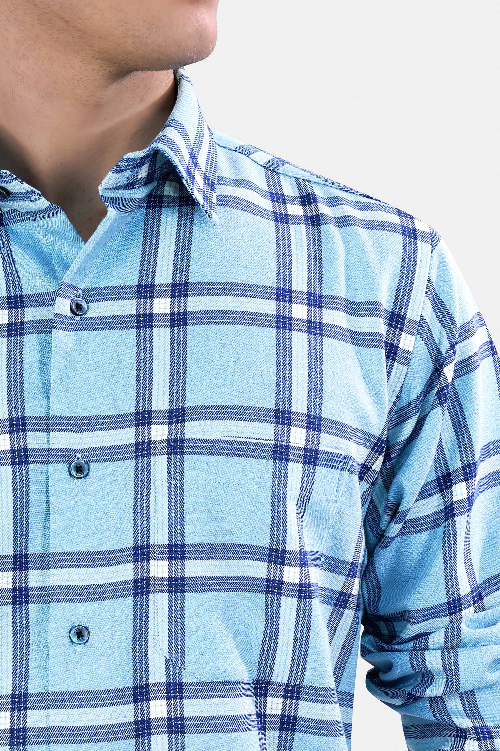Carolina Blue Twill Plaid Premium Cotton Shirt