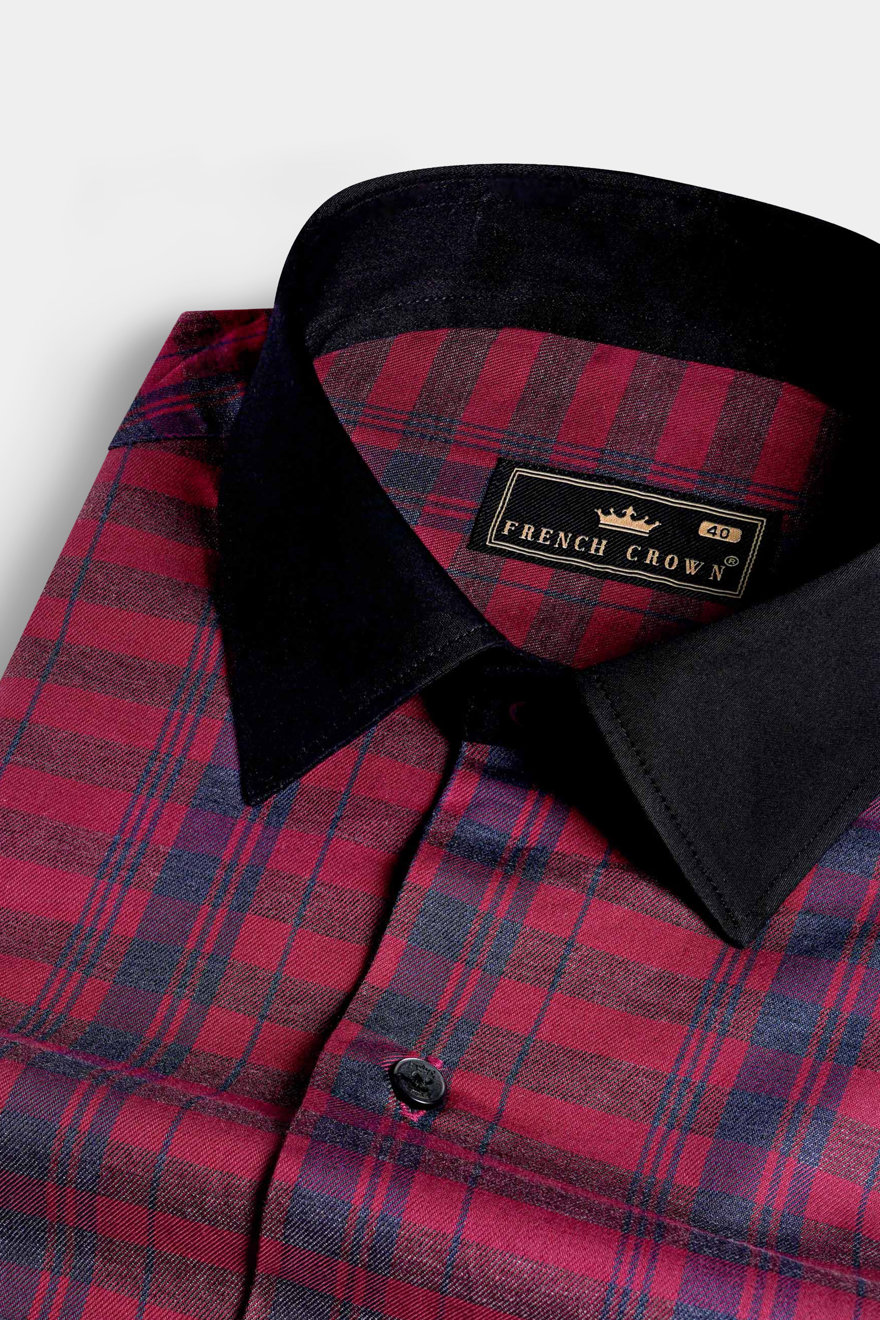 CLARET RED TWILL CHECKERED WITH BLACK CUFFS AND COLLAR PREMIUM COTTON SHIRT