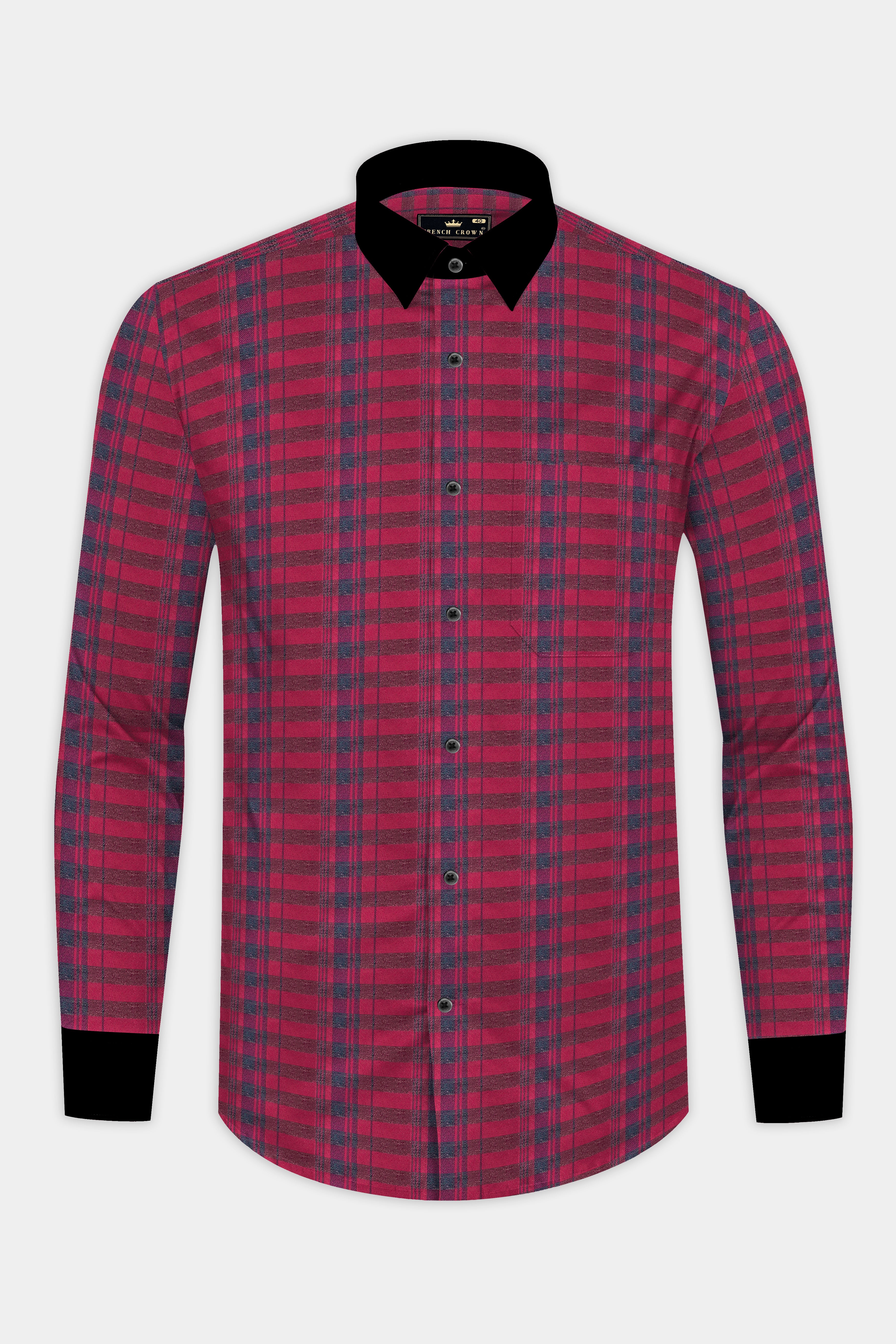 CLARET RED TWILL CHECKERED WITH BLACK CUFFS AND COLLAR PREMIUM COTTON SHIRT