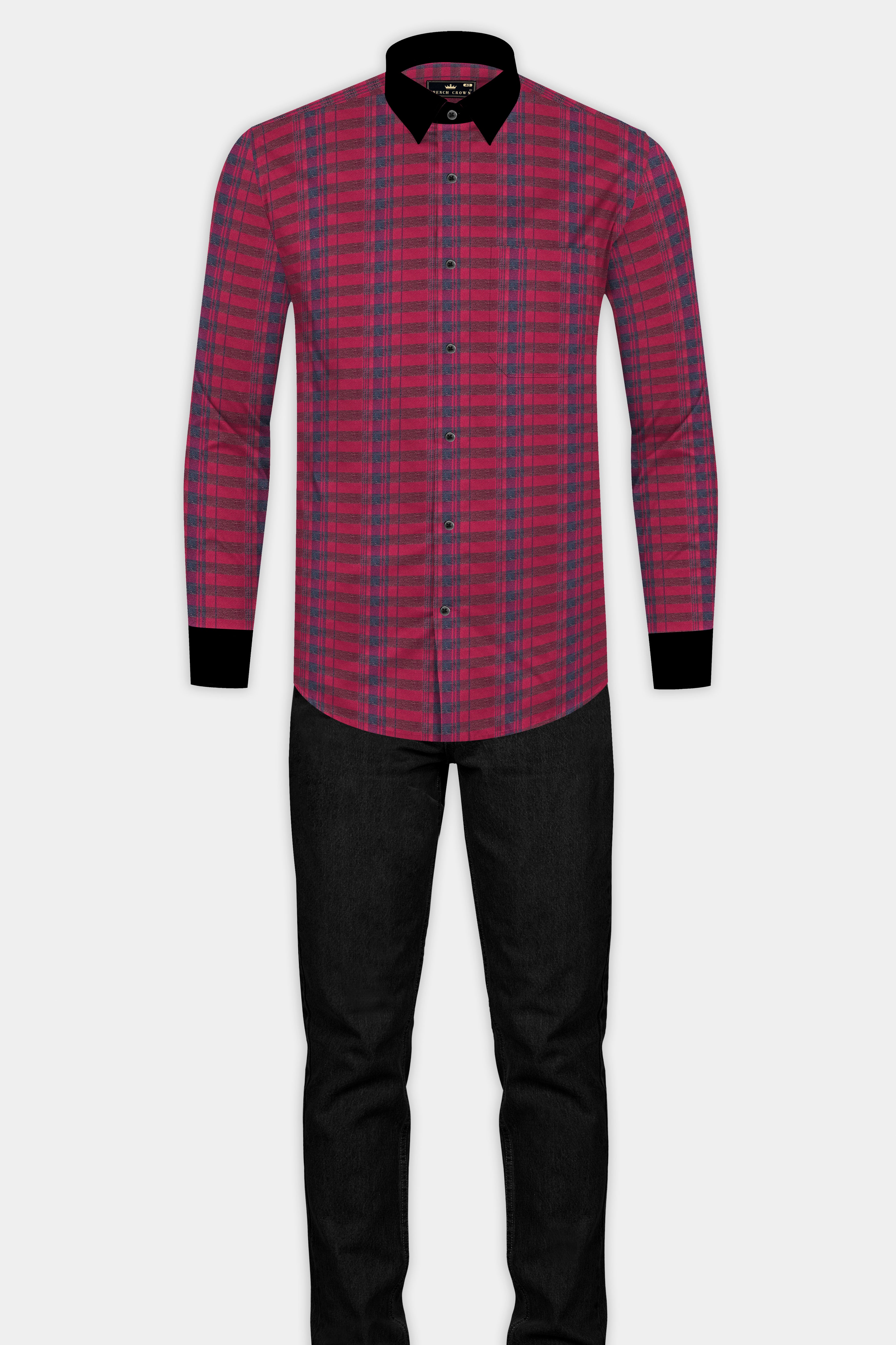 CLARET RED TWILL CHECKERED WITH BLACK CUFFS AND COLLAR PREMIUM COTTON SHIRT