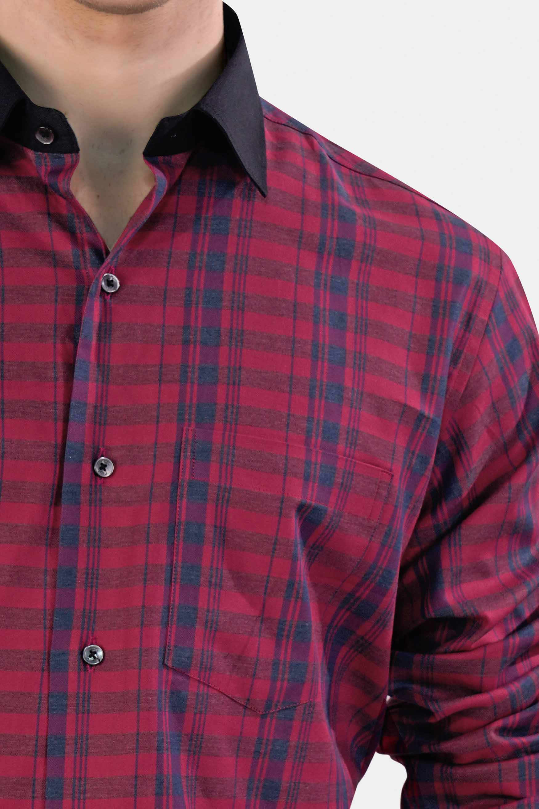 CLARET RED TWILL CHECKERED WITH BLACK CUFFS AND COLLAR PREMIUM COTTON SHIRT