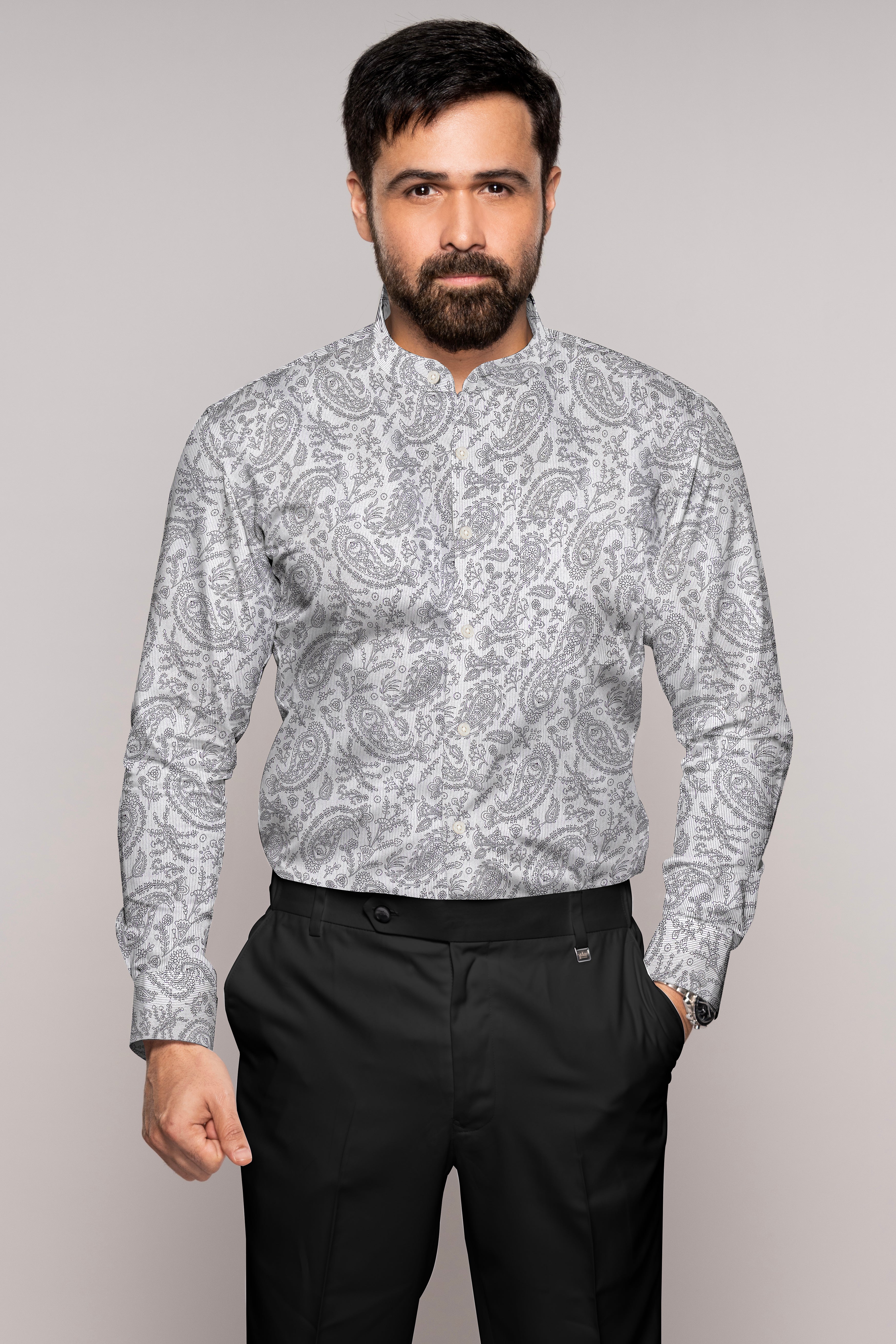 Nobel Gray and Black Paisley Printed Super Soft Premium Cotton Designer Shirt