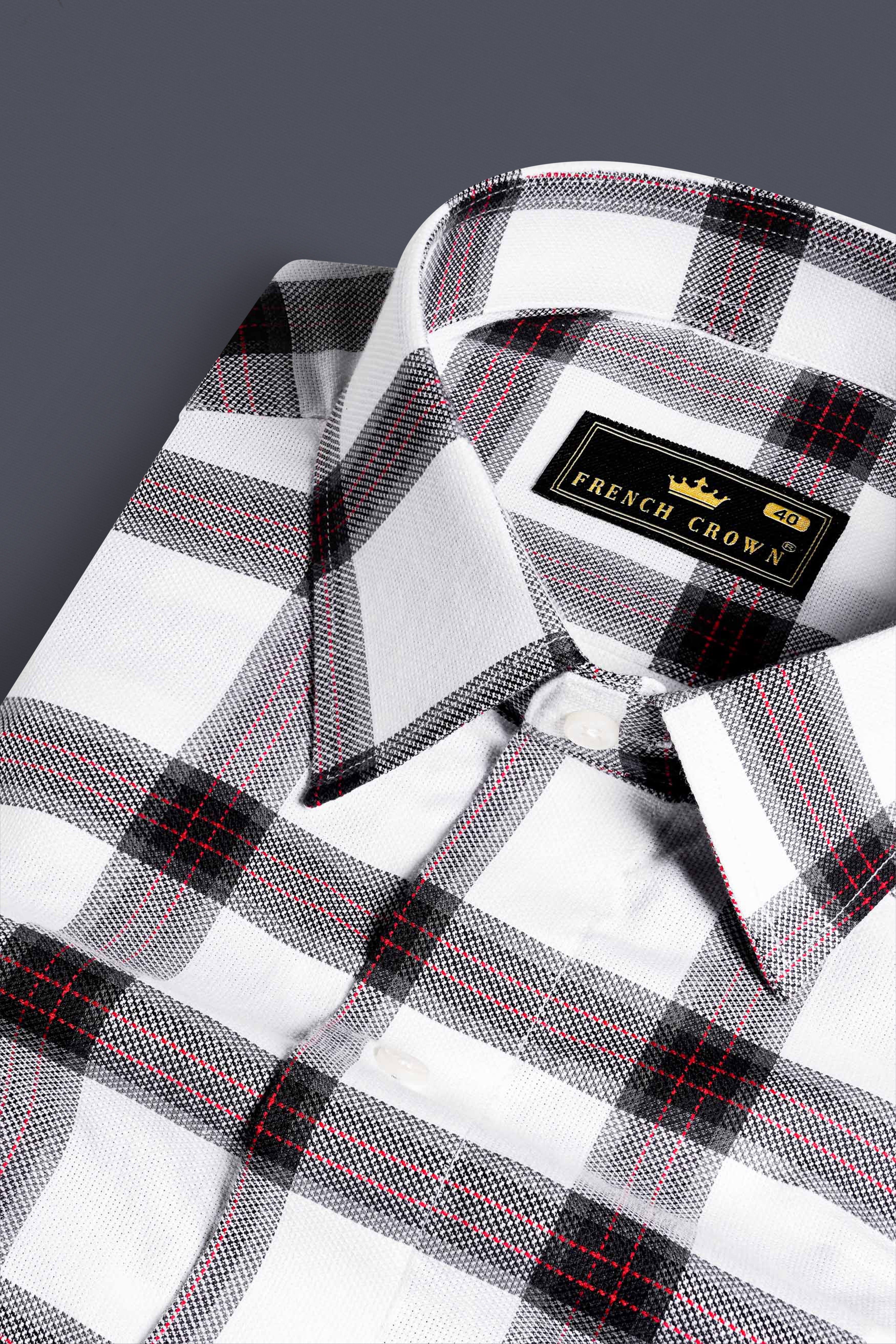 Bright White with Cornell Red and Black Plaid Dobby Textured Premium Giza Cotton Shirt