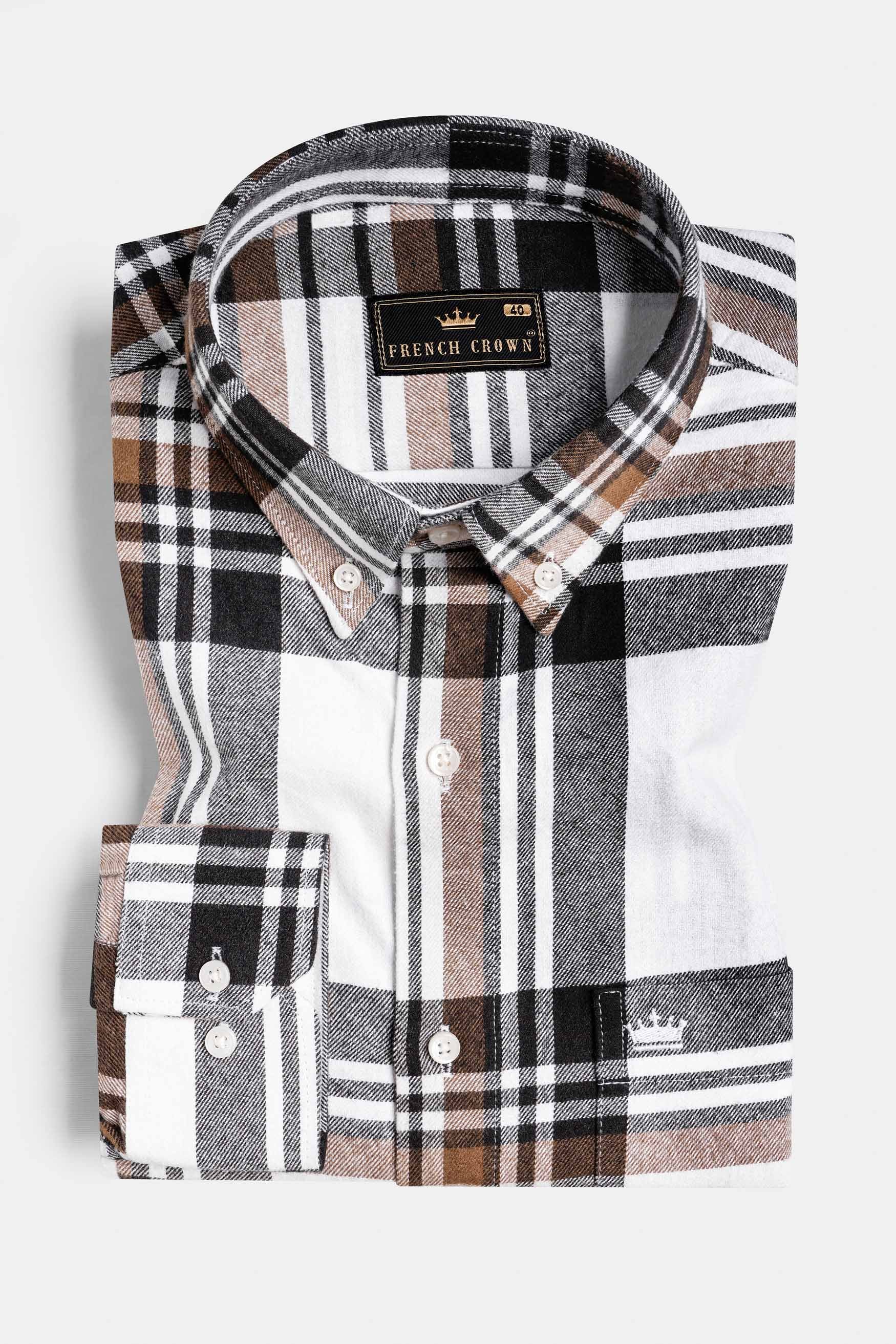 Bright White with Cider Brown and Black Plaid Flannel Button Down Shirt