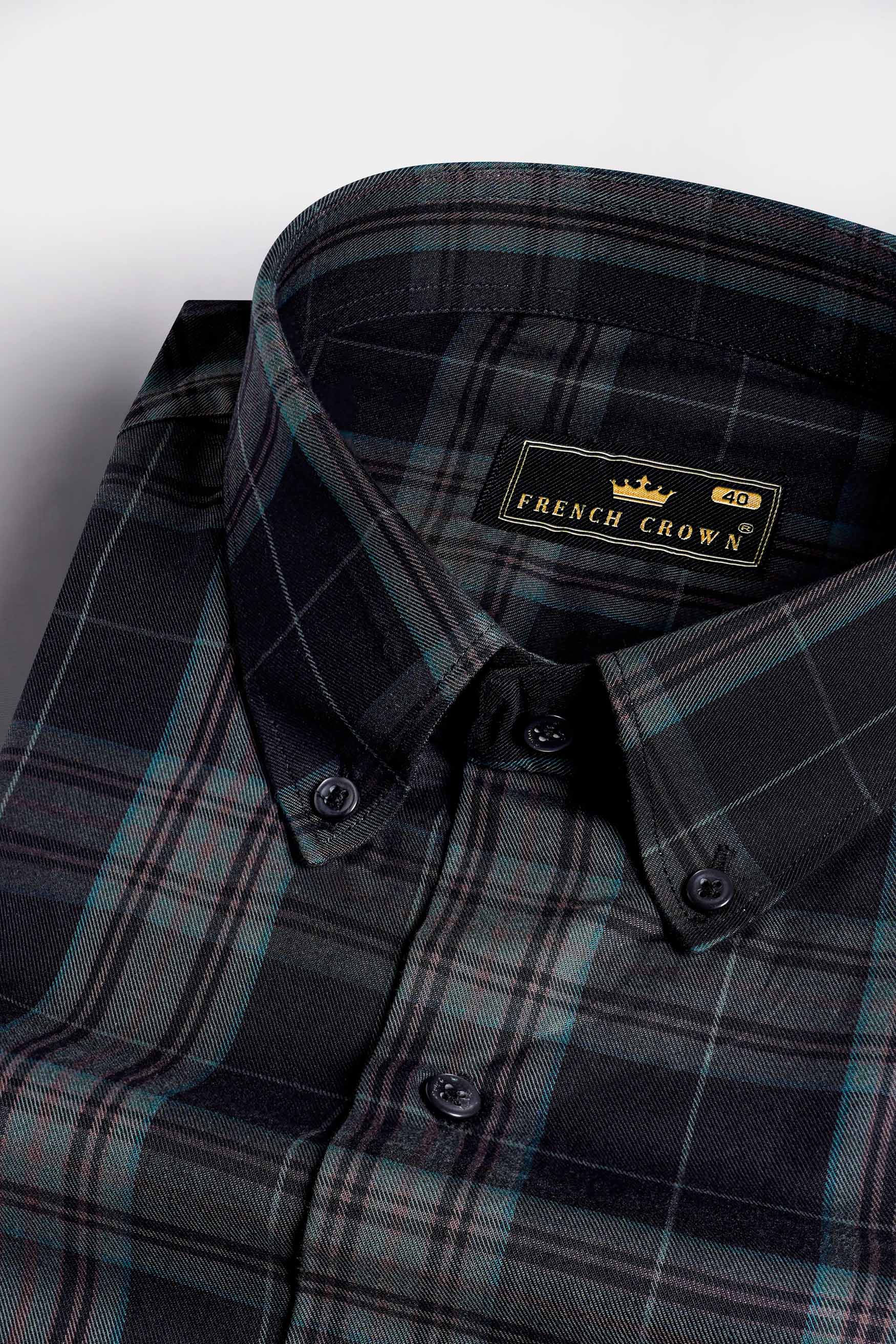 Cinder Black and Wenge Brown Twill Plaid Premium Cotton Button Down Shirt