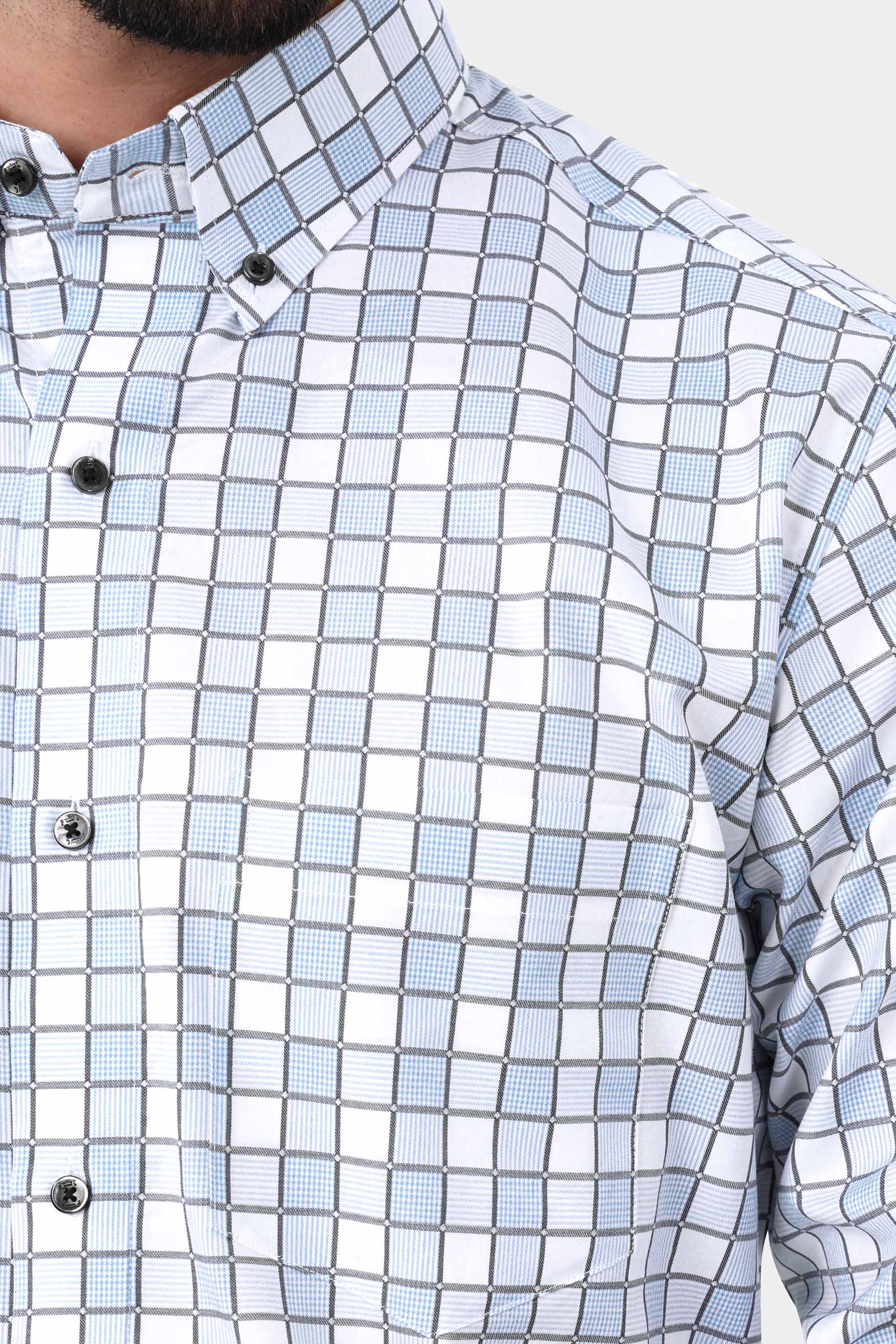 Bright White with Carolina Blue and Mobster Gray Checkered Dobby Premium Giza Cotton Shirt