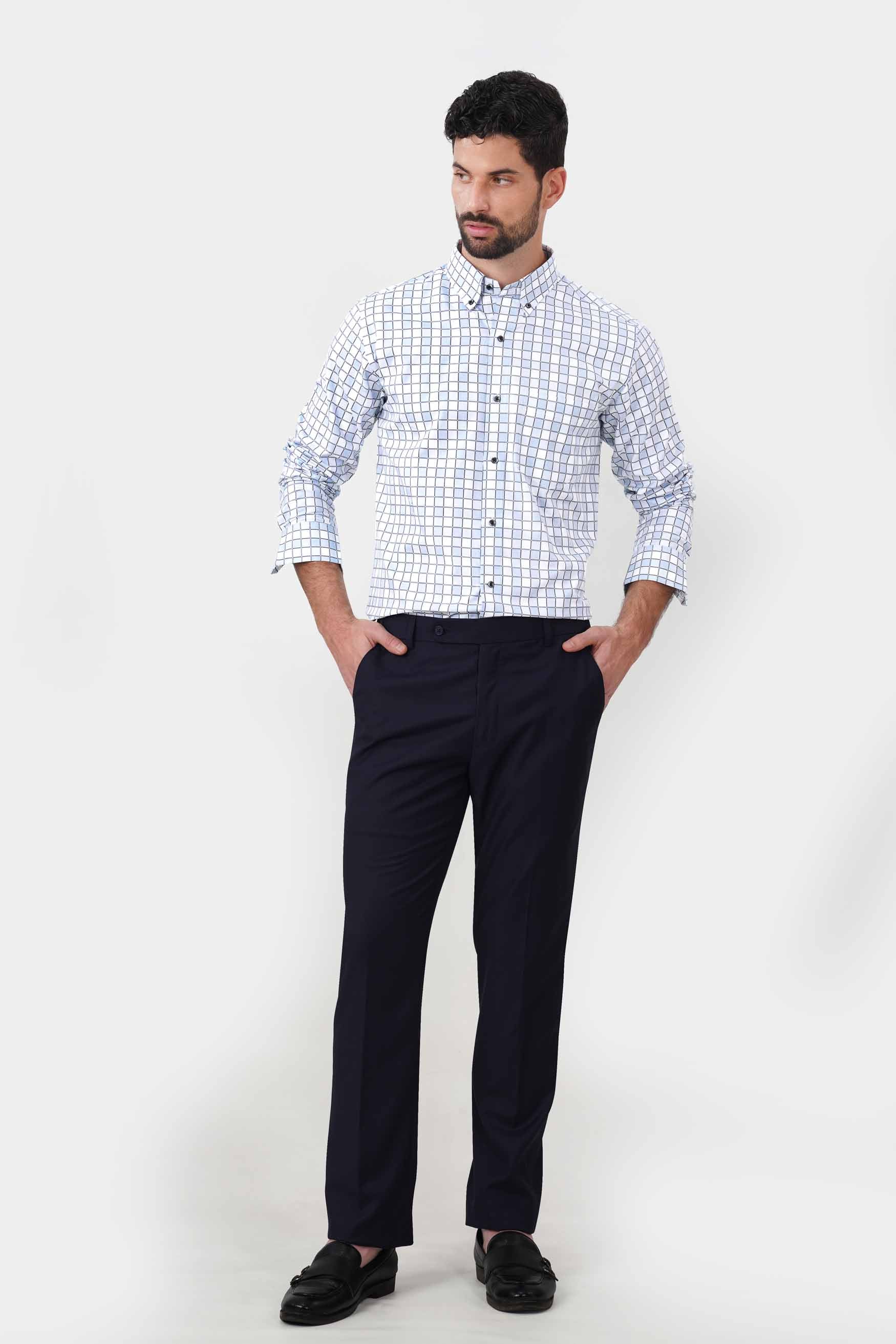 Bright White with Carolina Blue and Mobster Gray Checkered Dobby Premium Giza Cotton Shirt