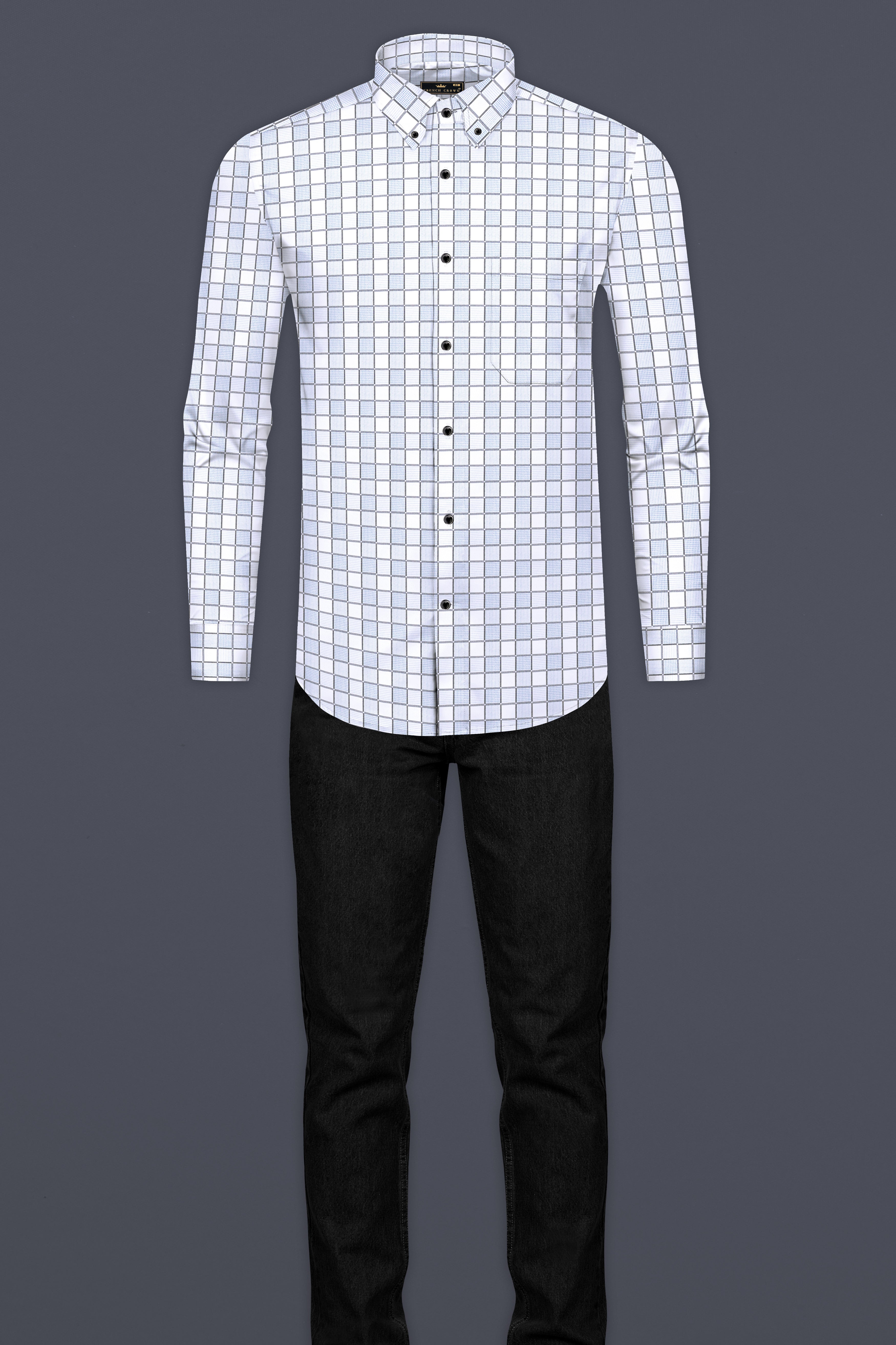 Bright White with Carolina Blue and Mobster Gray Checkered Dobby Premium Giza Cotton Shirt