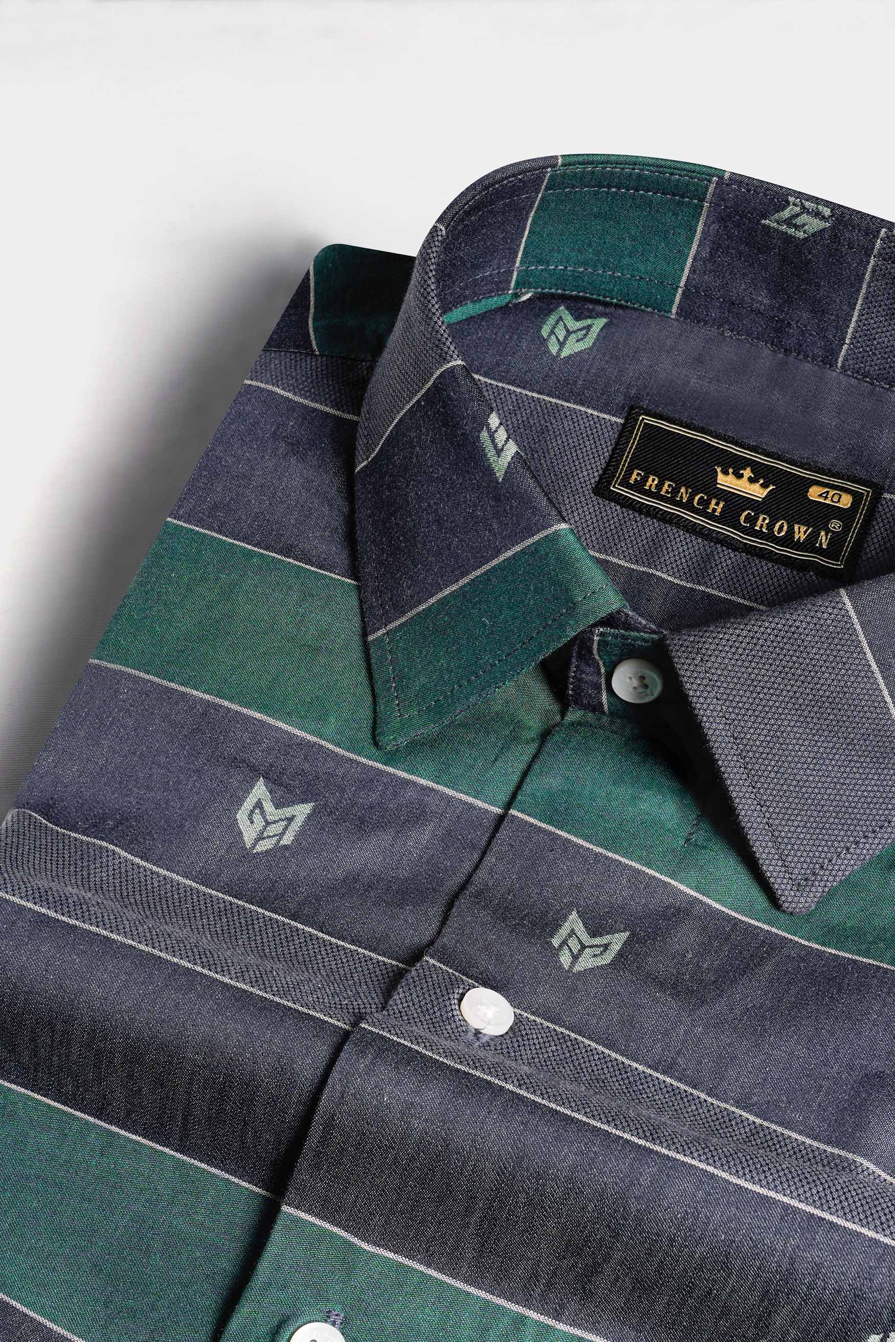 Charade Blue with Viridian Green Striped Jacquard Textured Premium Giza Cotton Shirt