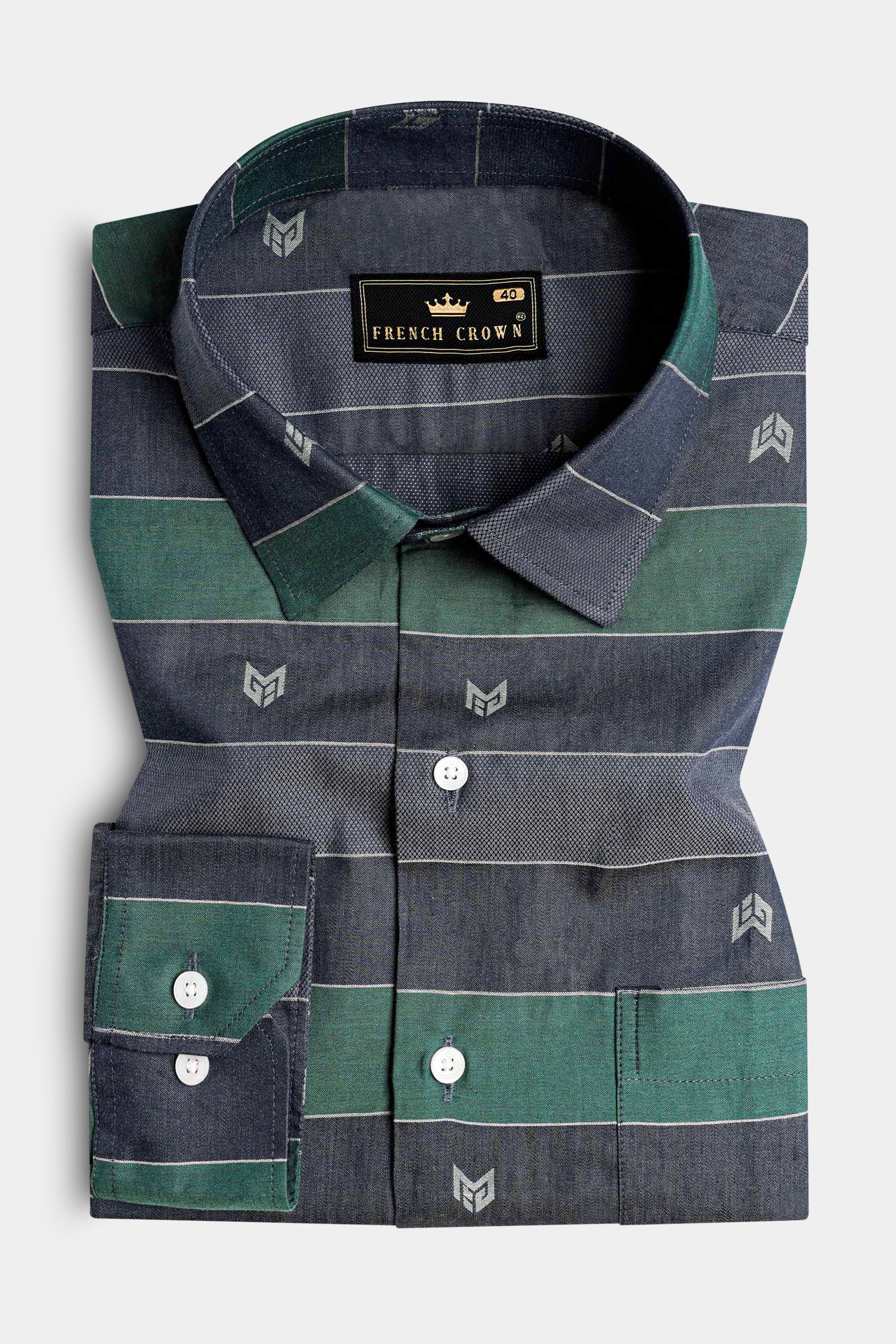 Charade Blue with Viridian Green Striped Jacquard Textured Premium Giza Cotton Shirt