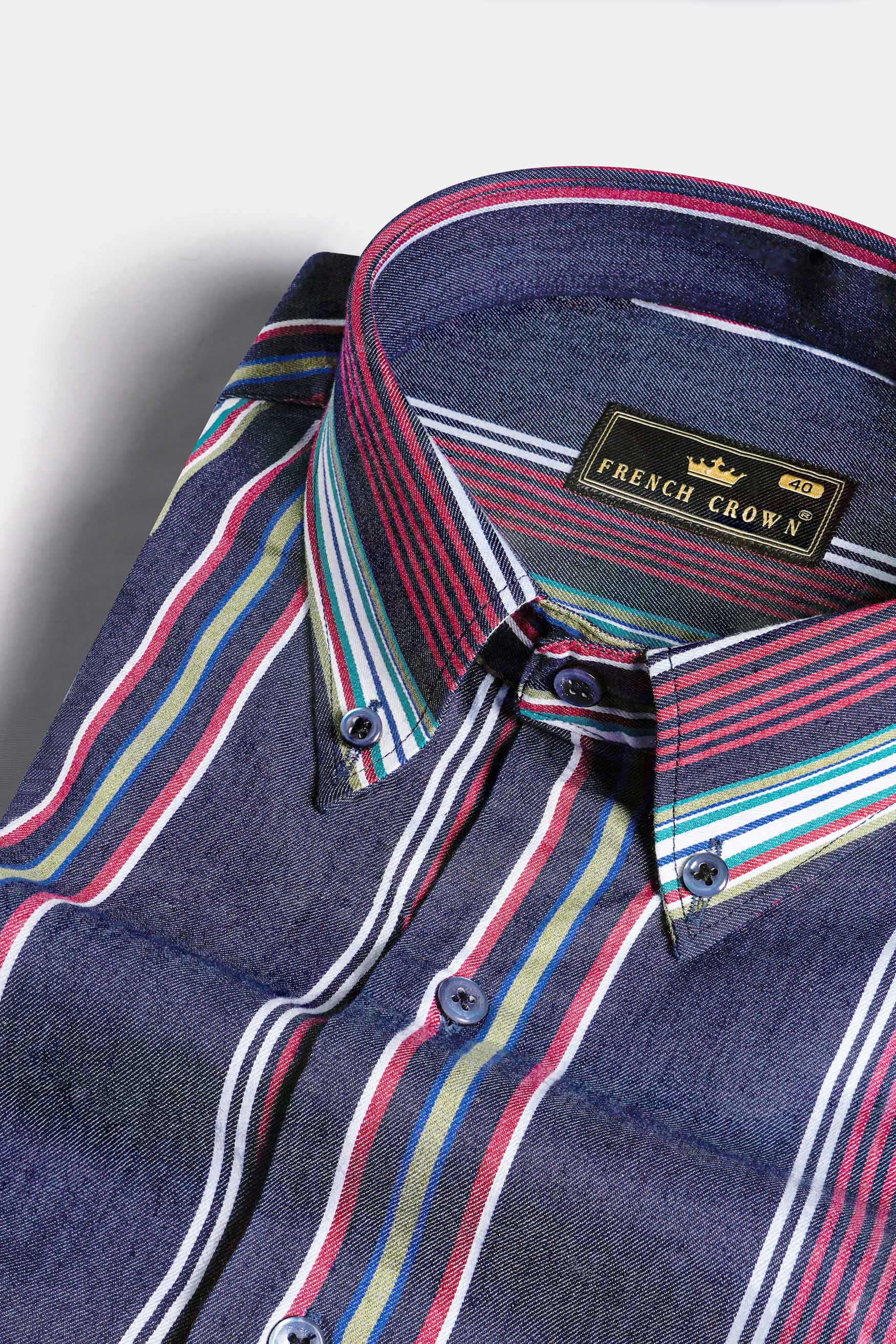 Lead Blue and Vale Pink Multicoloured Striped Indigo Denim Shirt