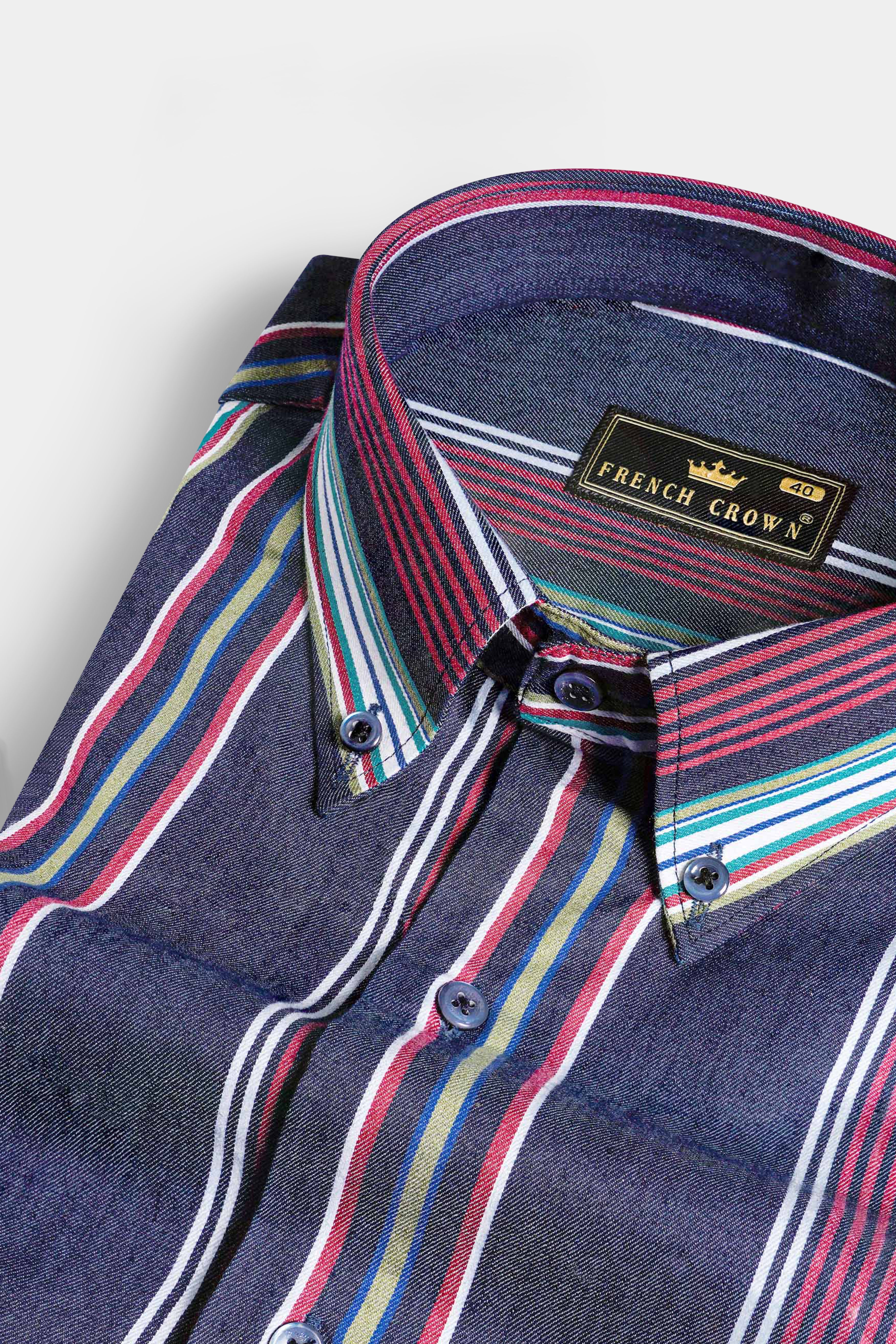 Lead Blue and Vale Pink Multicoloured Striped Indigo Denim Shirt