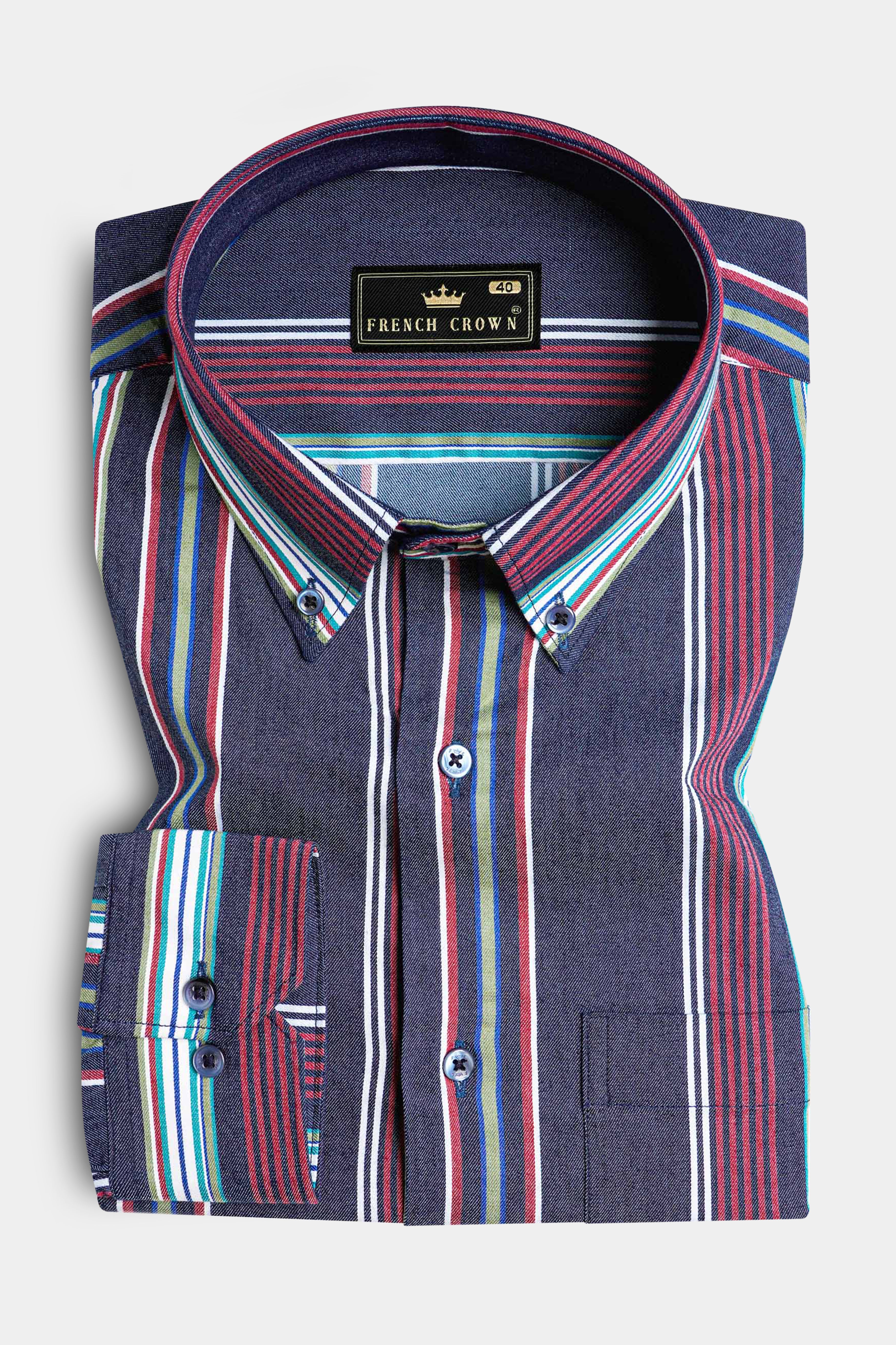 Lead Blue and Vale Pink Multicoloured Striped Indigo Denim Shirt