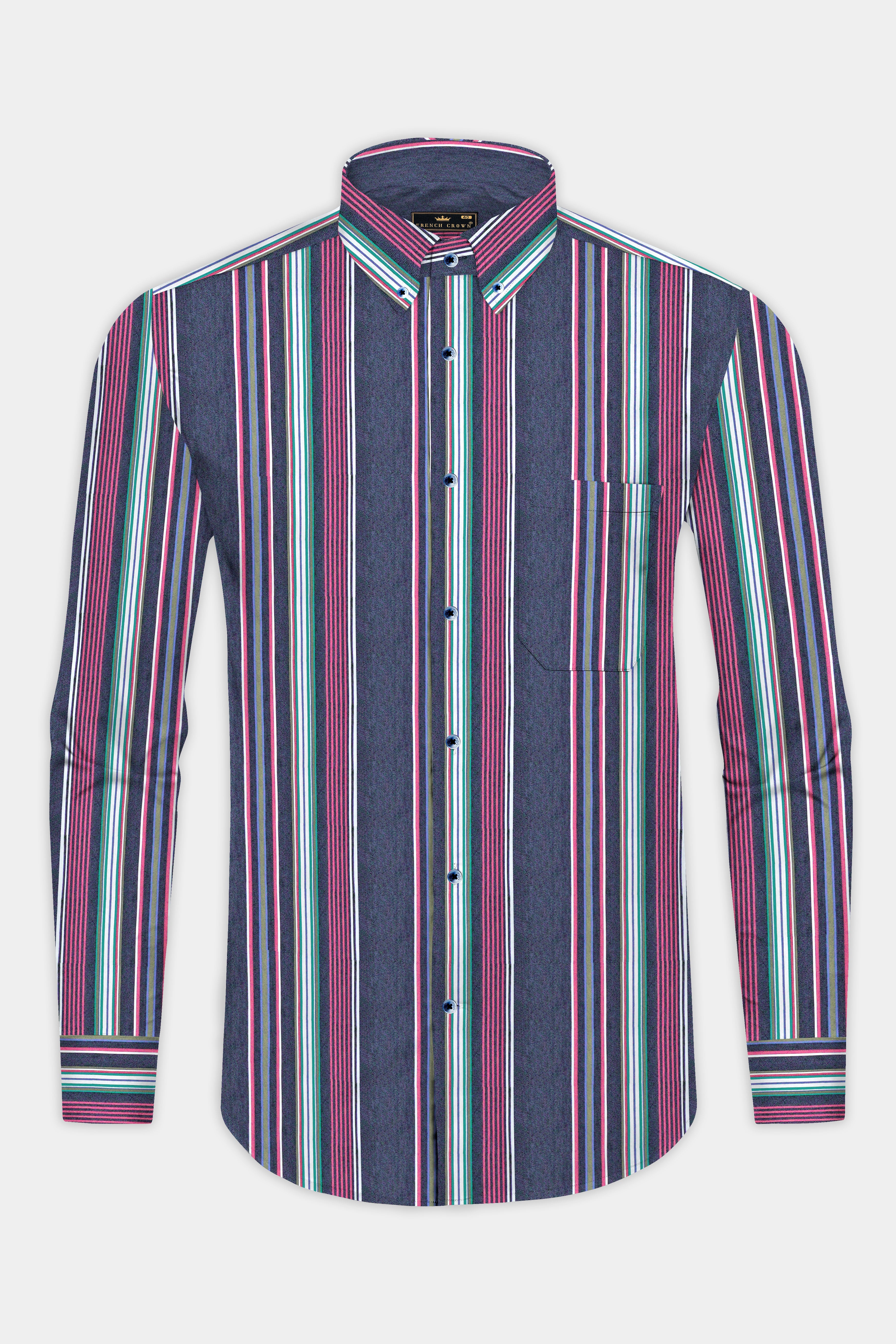 Lead Blue and Vale Pink Multicoloured Striped Indigo Denim Shirt