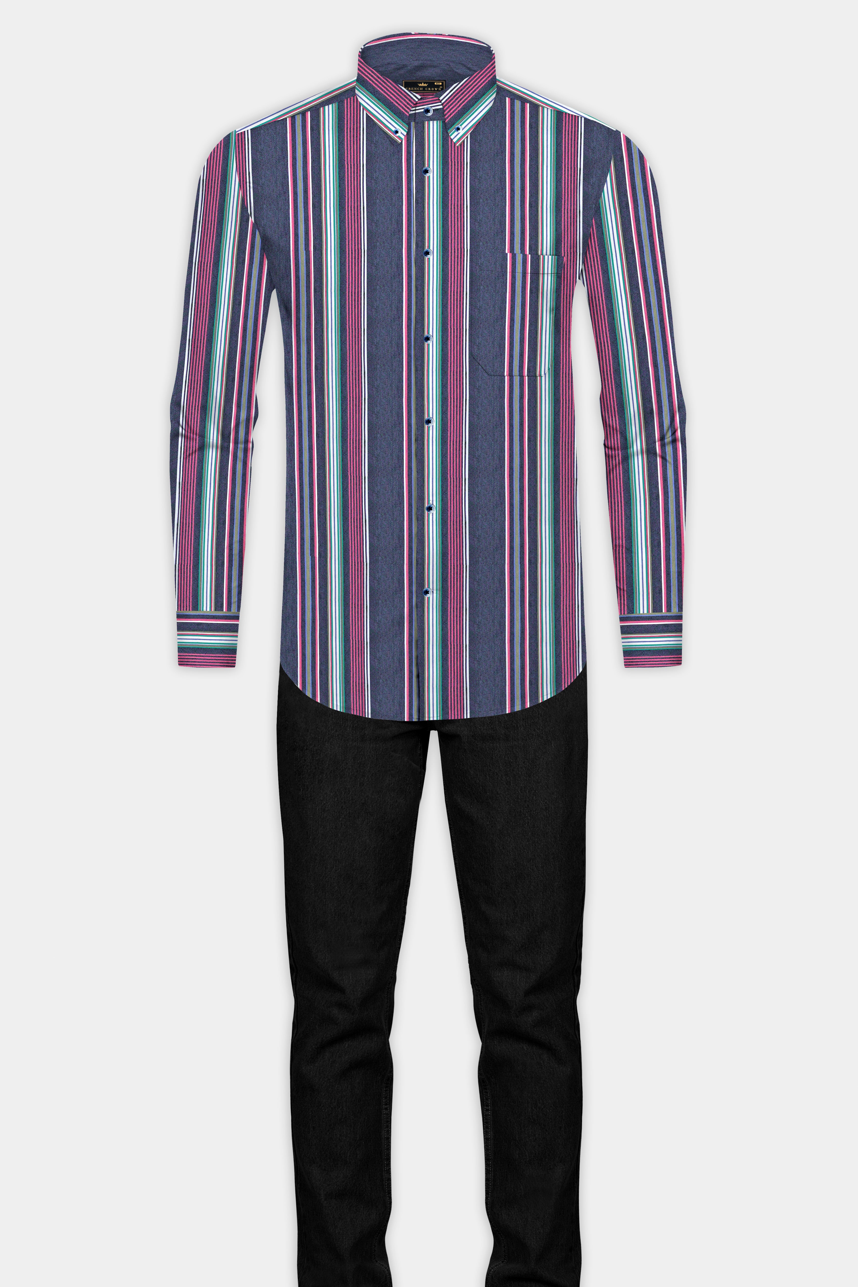 Lead Blue and Vale Pink Multicoloured Striped Indigo Denim Shirt