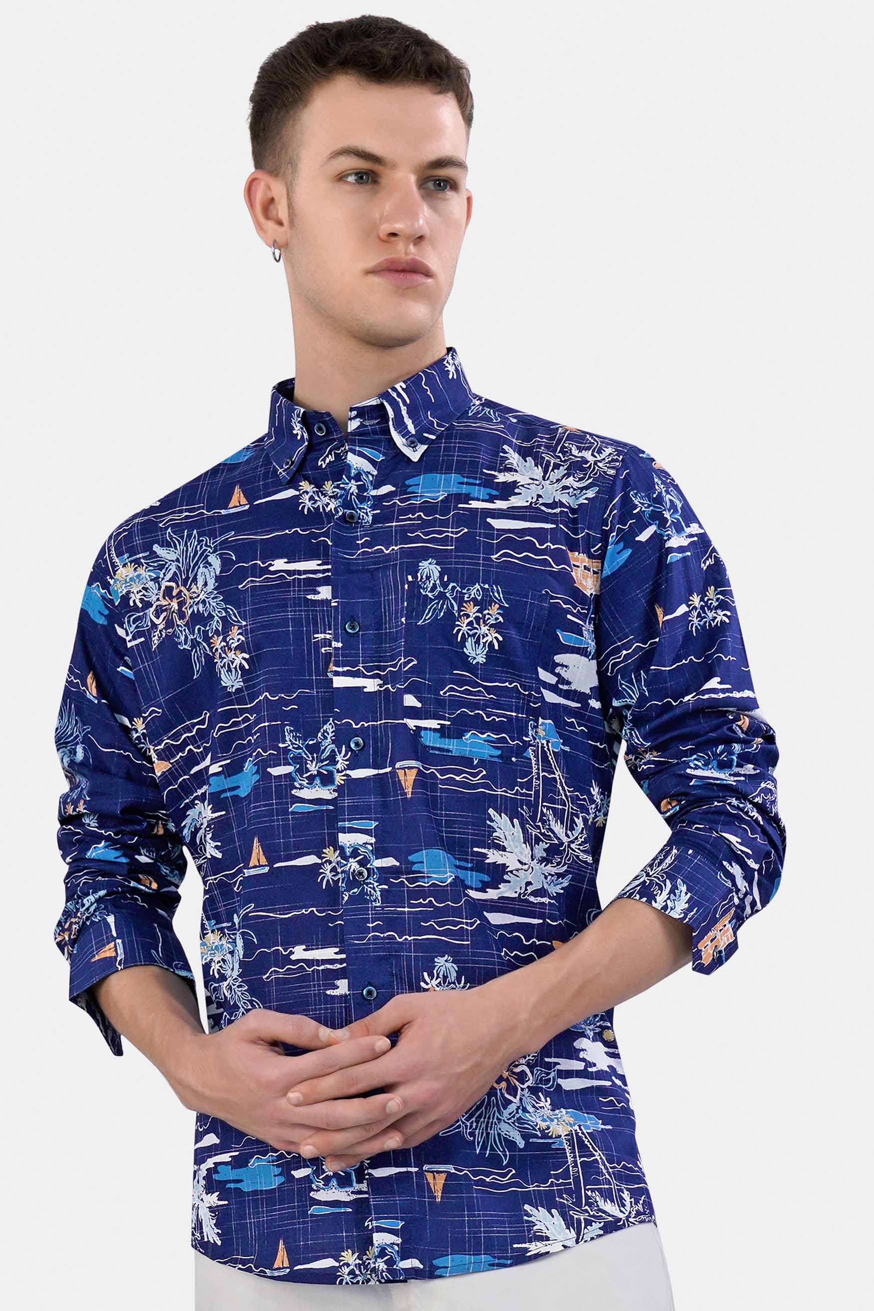 Lapis Blue and White Multicolour Printed Chambray Shirt
