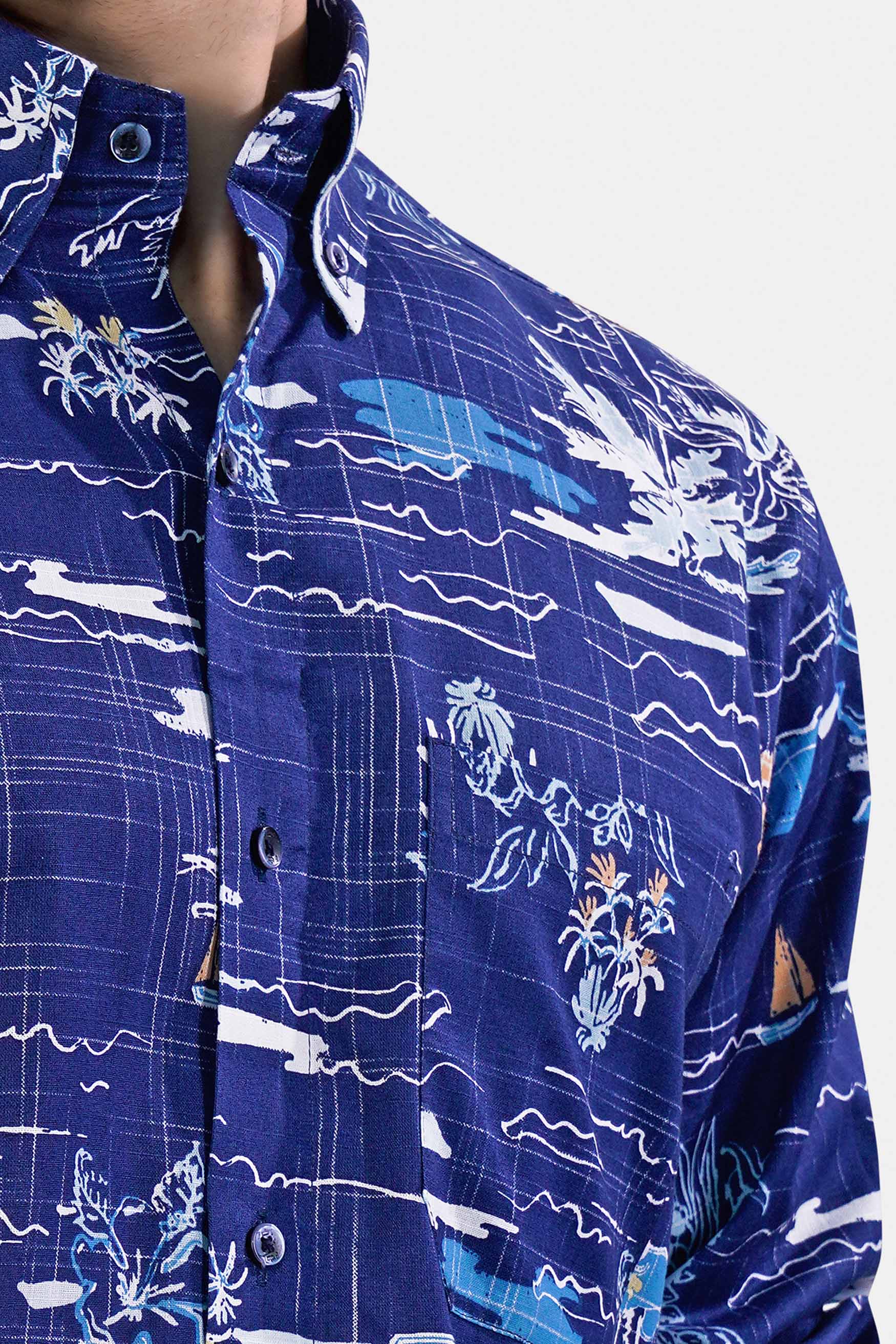 Lapis Blue and White Multicolour Printed Chambray Shirt