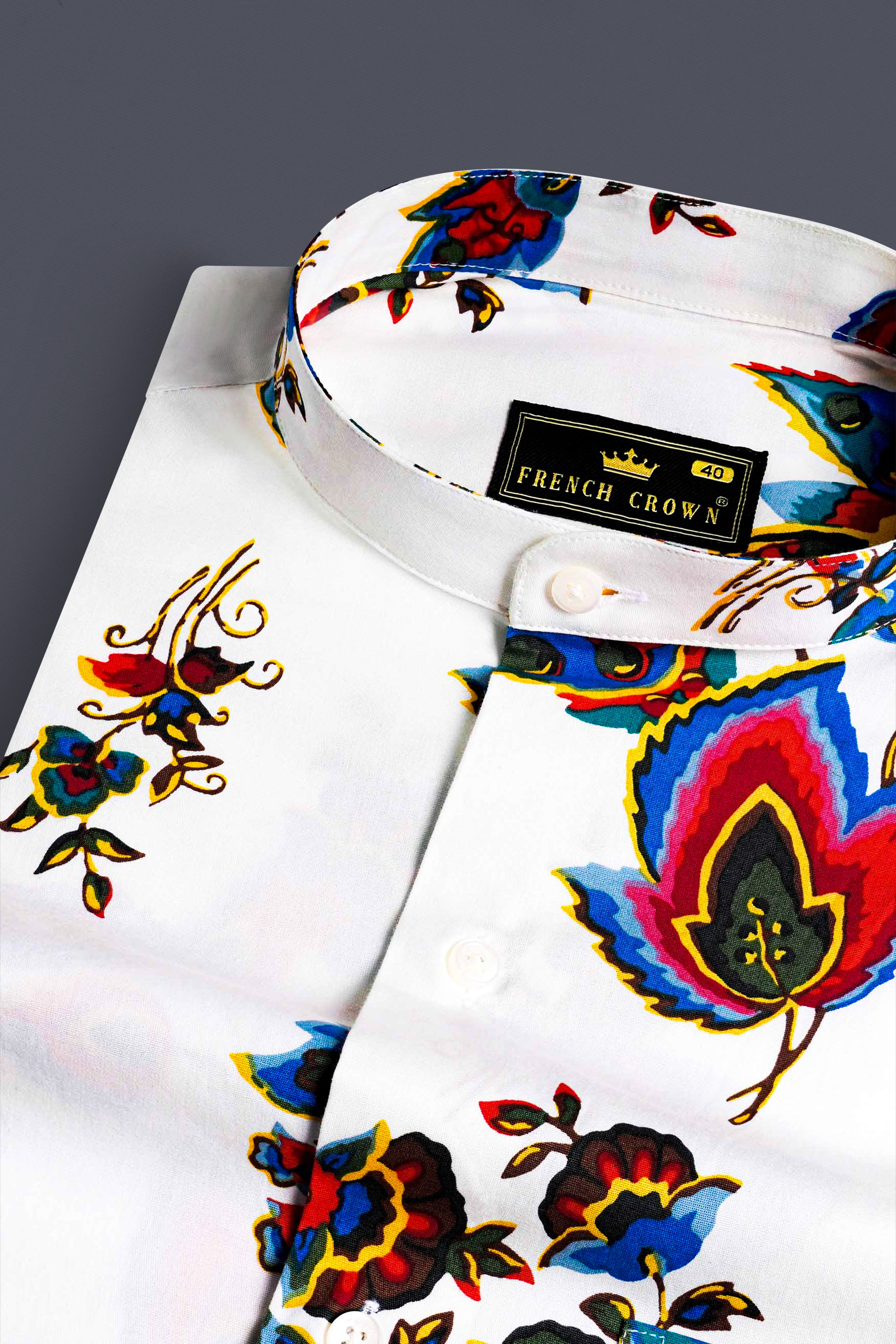 Bright White Multicolour Leaves Printed Premium Cotton Shirt