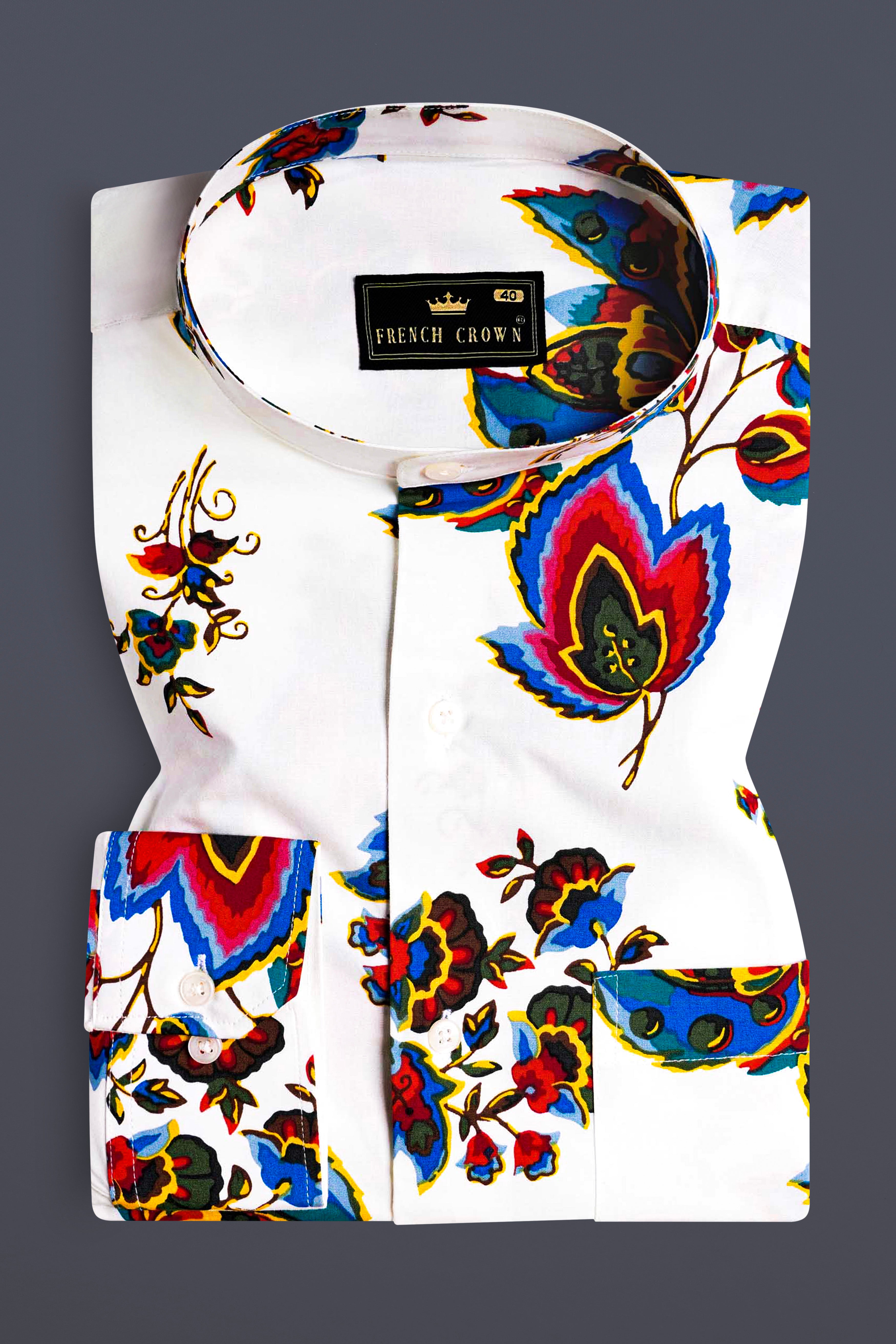 Bright White Multicolour Leaves Printed Premium Cotton Shirt