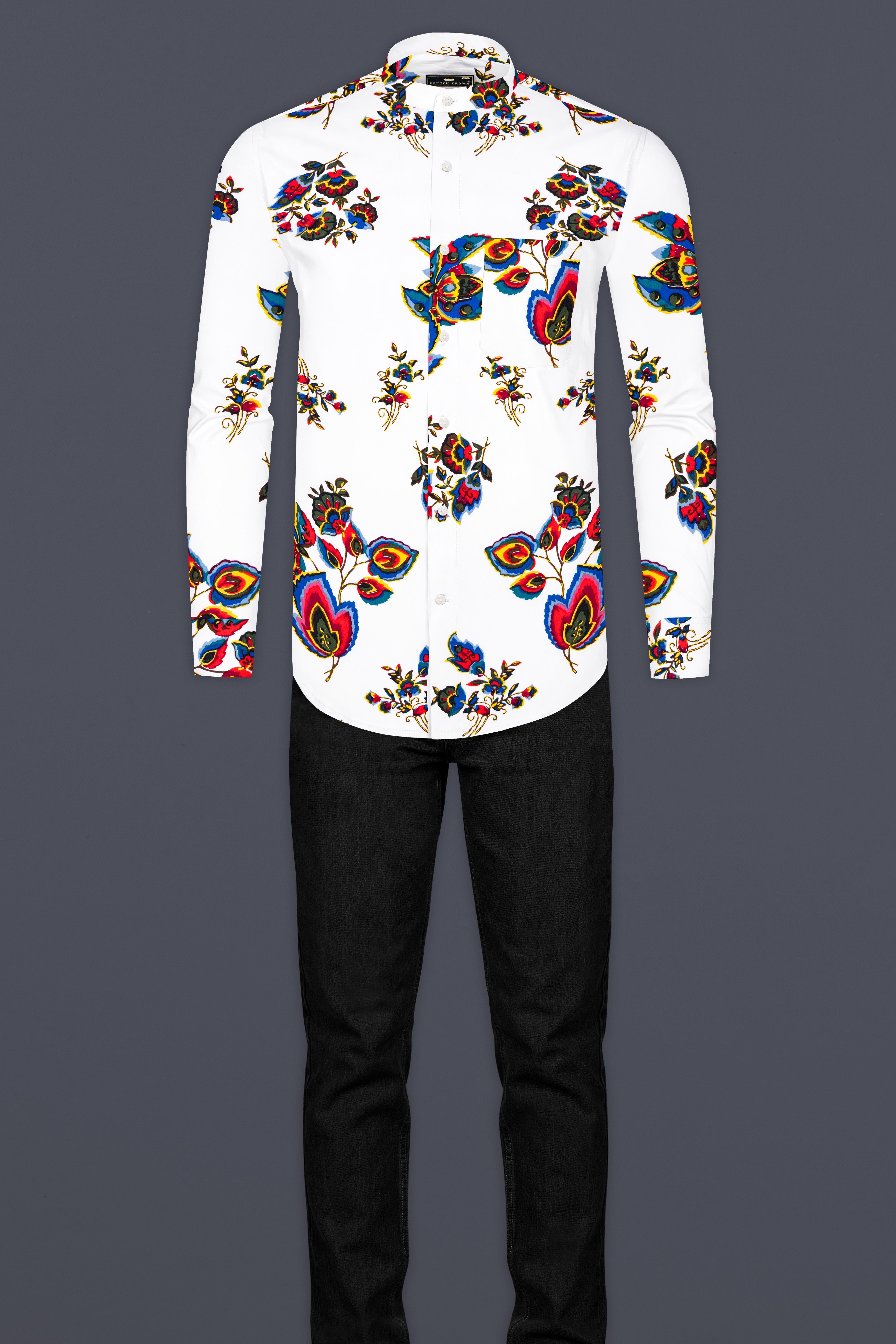 Bright White Multicolour Leaves Printed Premium Cotton Shirt