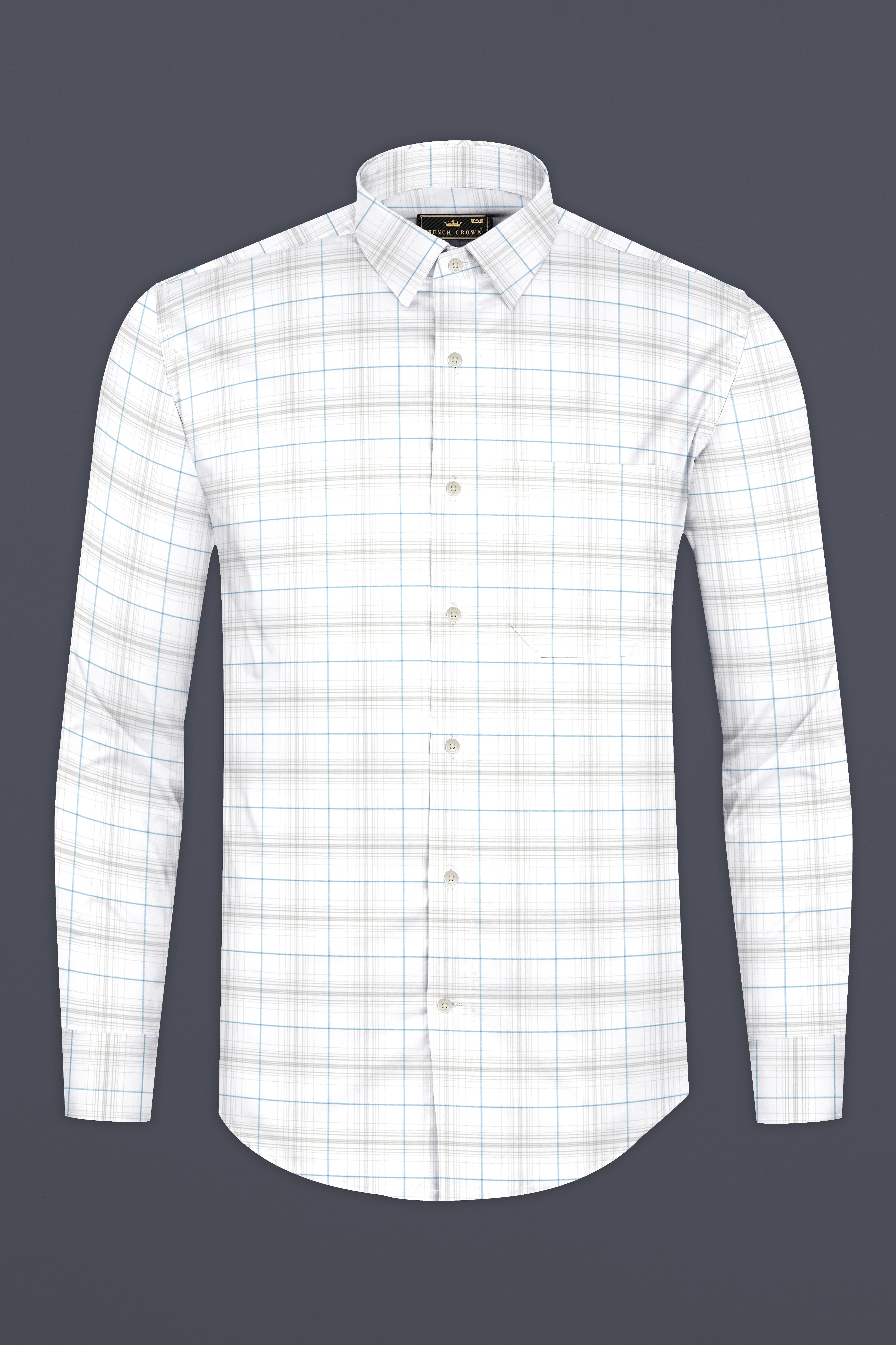 Bright White with Turquoise Blue and Foggy Gray Plaid Premium Cotton Shirt